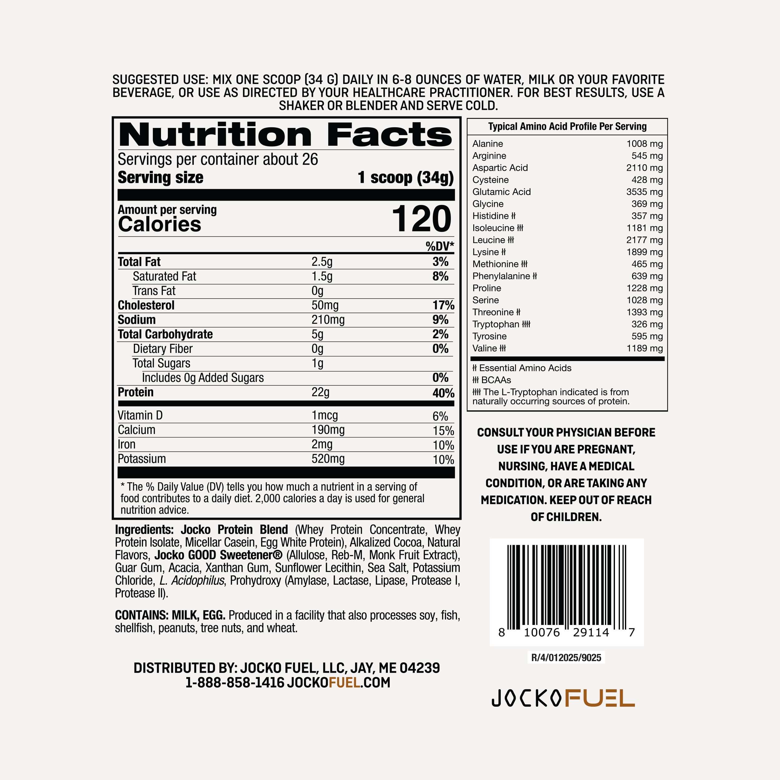 Jocko Fuel proteína de suero chocolate en taza medidora para porciones