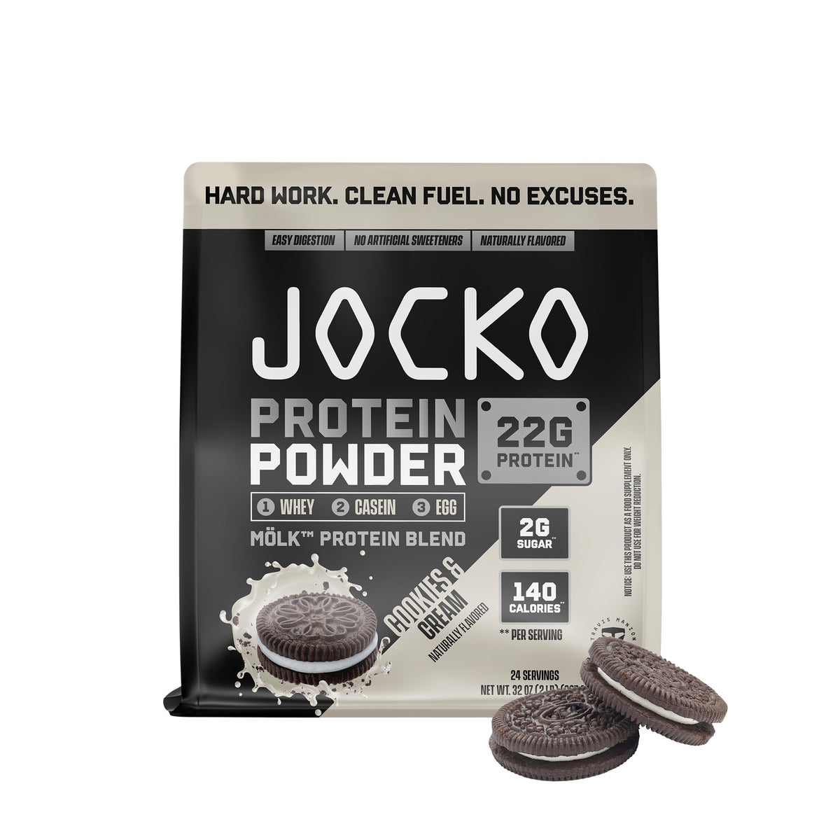 Proteína Jocko Fuel en lata, galletas crema, soporte muscular diario.