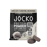 Proteína Jocko Fuel en lata, galletas crema, soporte muscular diario.