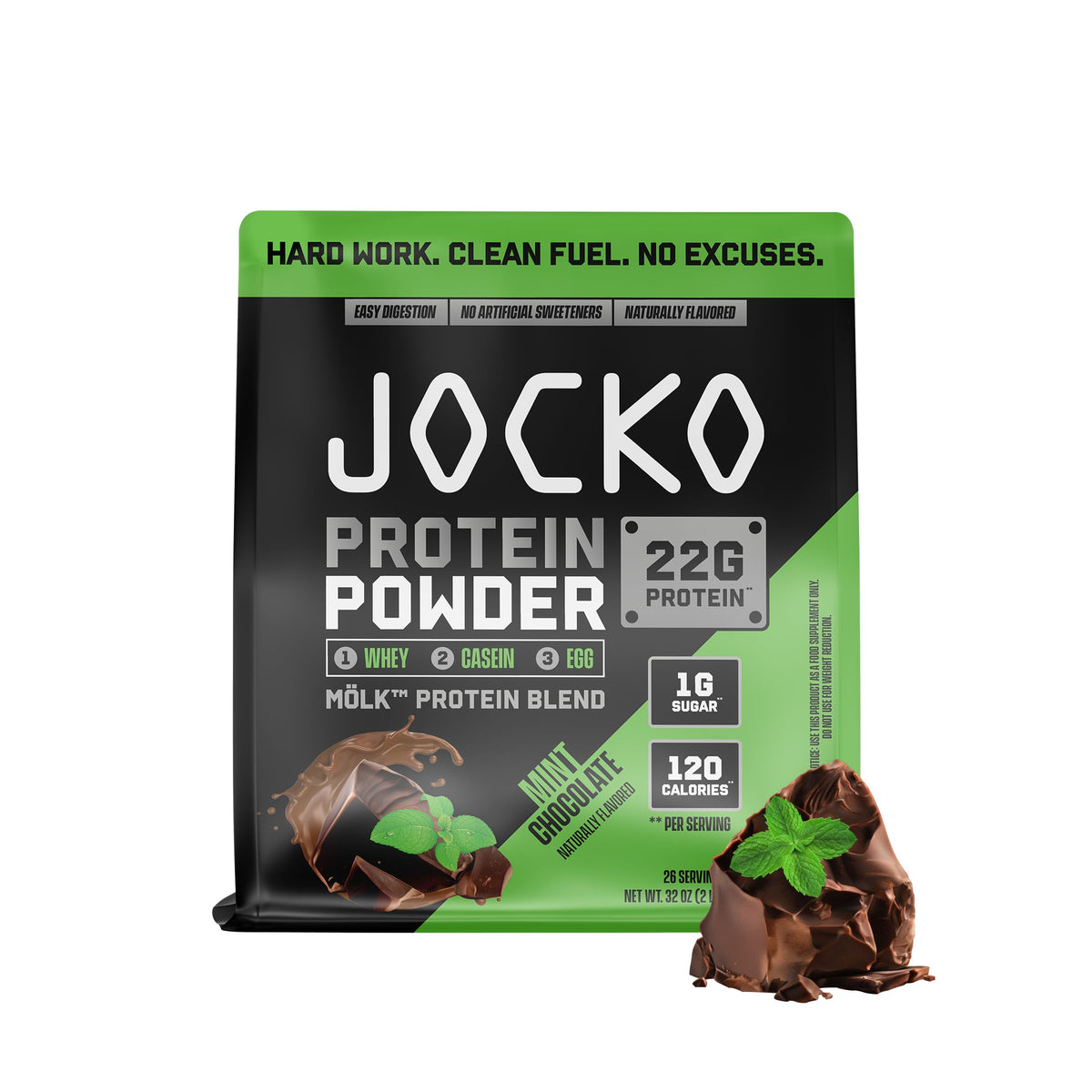 Jocko Fuel Proteína de suero Menta-Chocolate en batido matutino para energía sostenida.