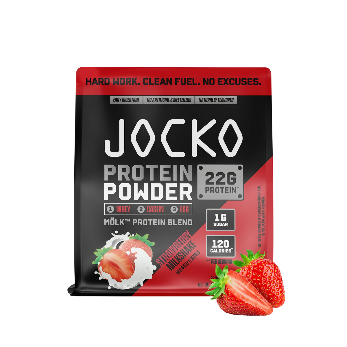 Envase de Jocko Fuel para almacenamiento seguro de proteína de suero.