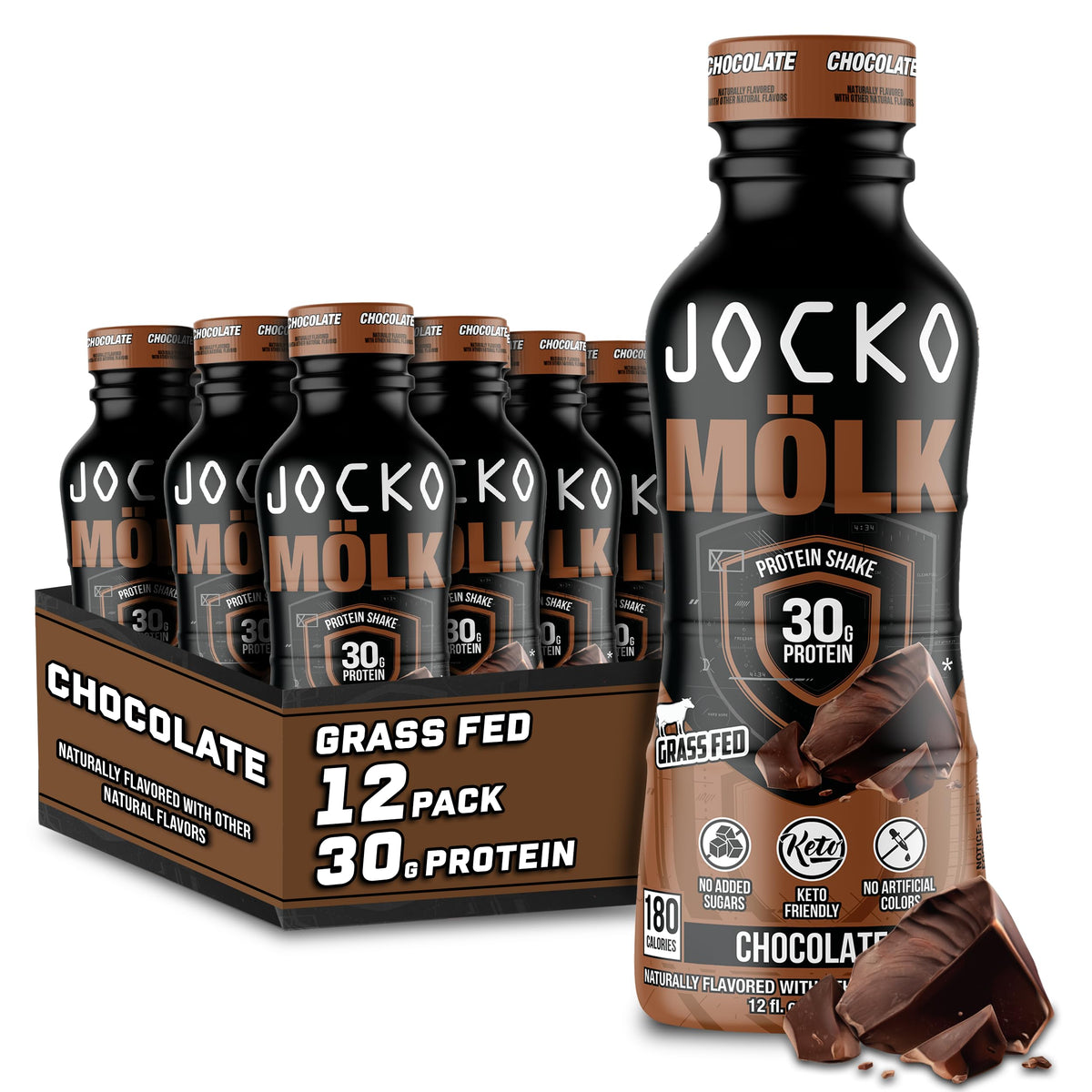Jocko Mölk, bote de chocolate de doce onzas, proteína lista para tomar.