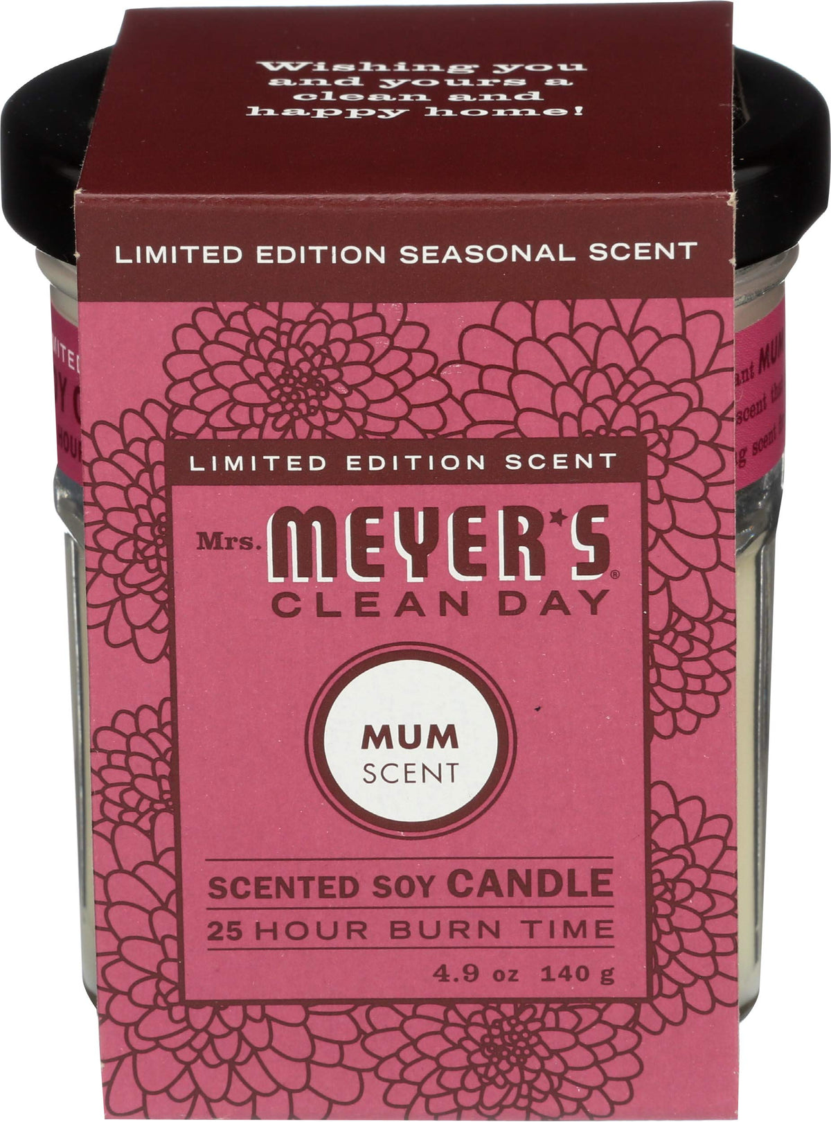 Vela de soja Mrs. Meyer's Mum frente para espacios acogedores.