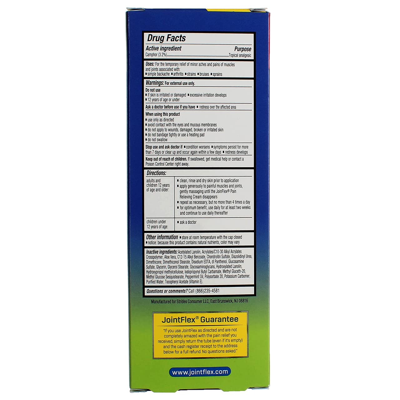 JointFlex crema, etiqueta clara de ingredientes para uso seguro.
