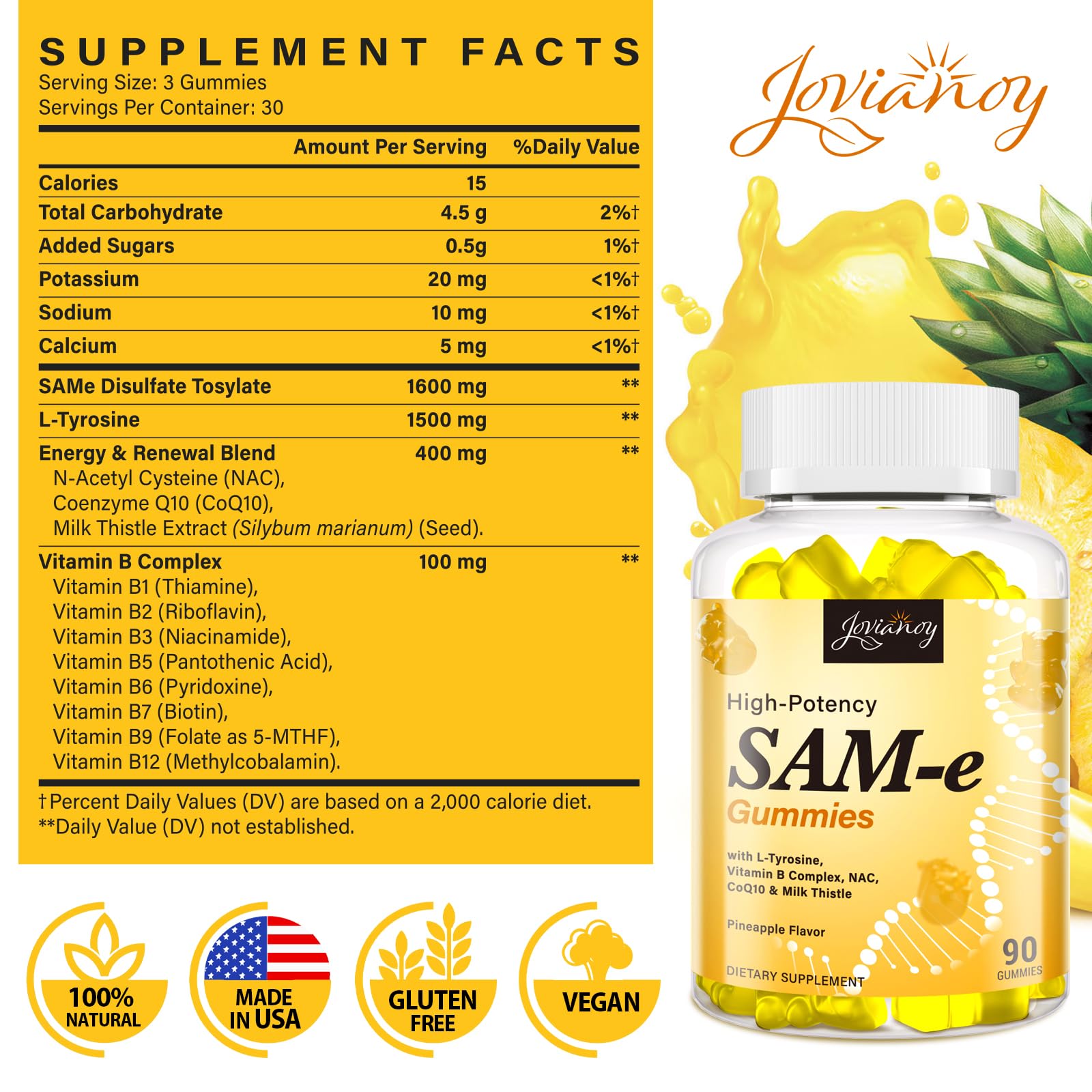 Etiqueta cercana de Jovianoy SAM-e Gummies con detalle de ingredientes clave.