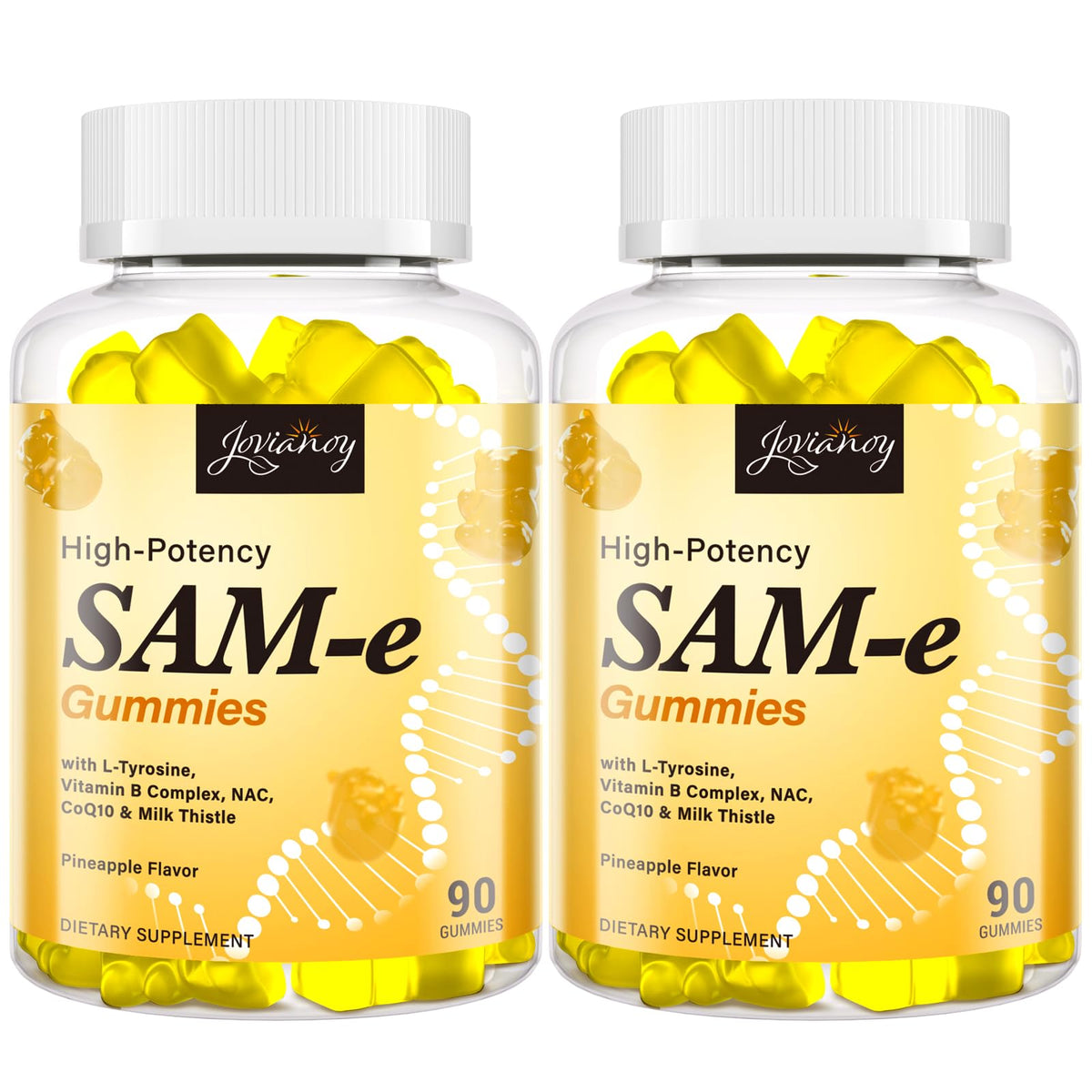 Jovianoy SAM-e Gummies frente a la lata, presentación conveniente para uso diario.
