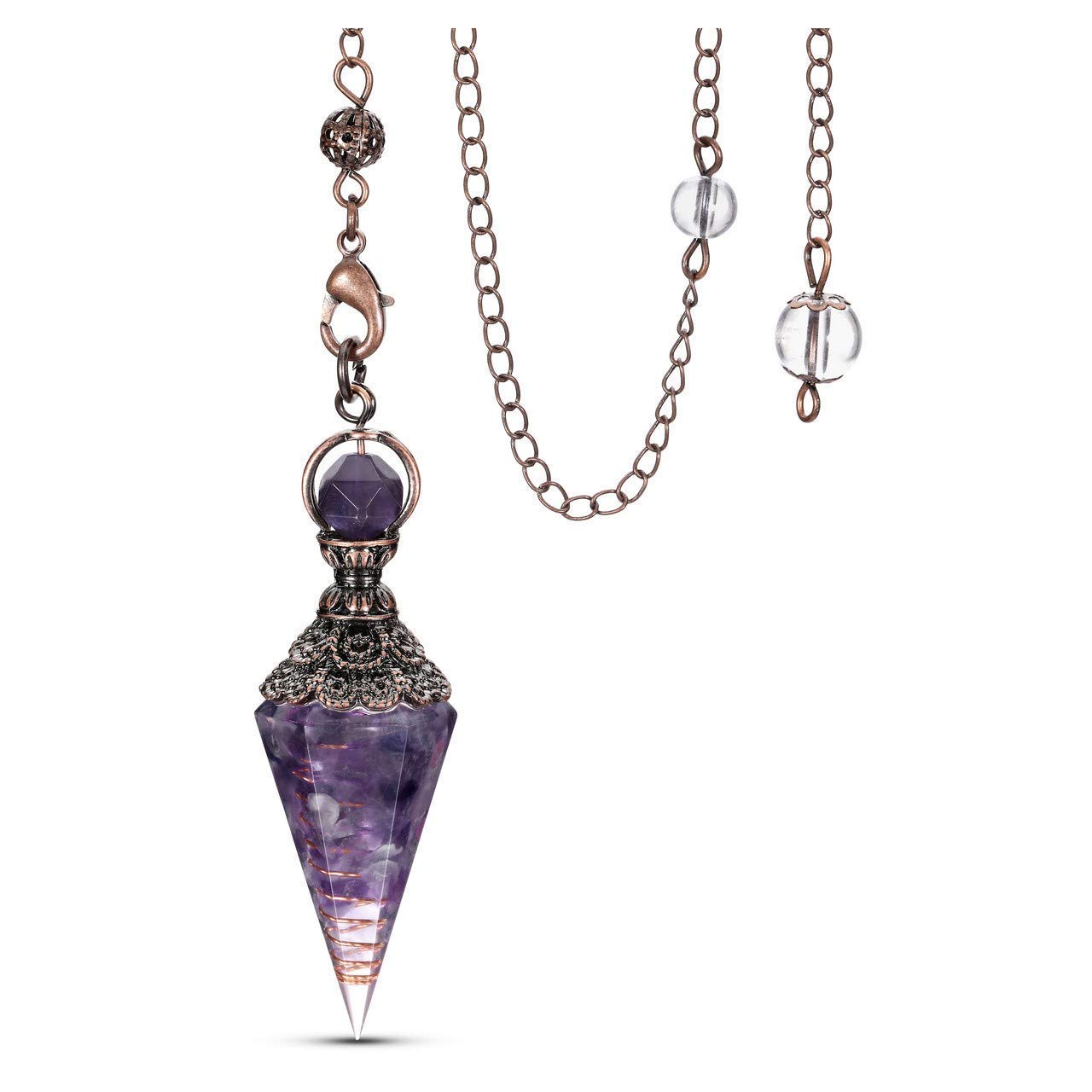 Péndulo Jovivi de amatista, cristal con punta hexagonal, favorece la concentración durante la meditación.