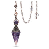 Péndulo Jovivi de amatista, cristal con punta hexagonal, favorece la concentración durante la meditación.