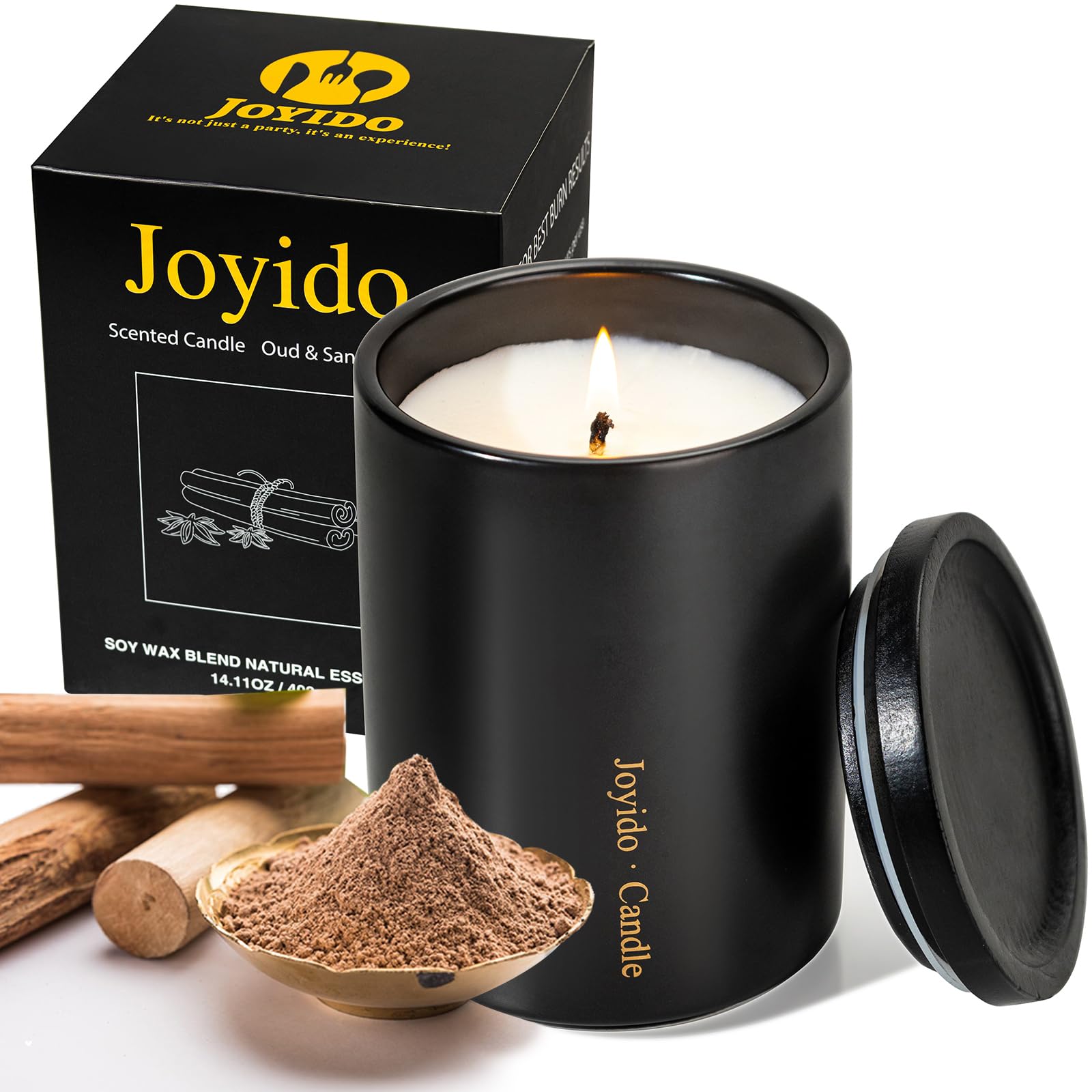 Vela Joyido con aroma de oud y sándalo en jarro cerámico negro para sala