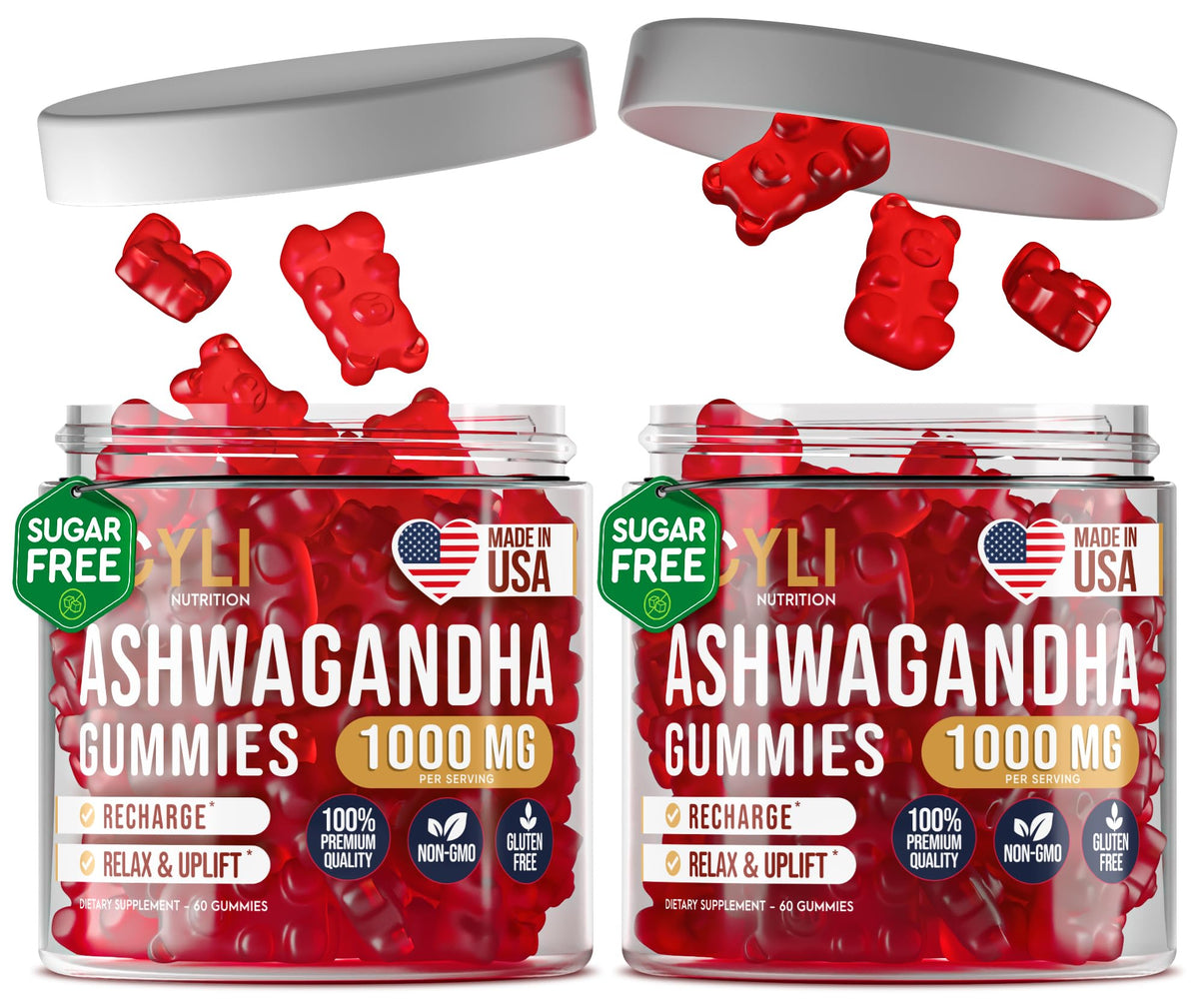 JOYLI Nutrition gomitas de ashwagandha frente al frasco muestran relajación diaria