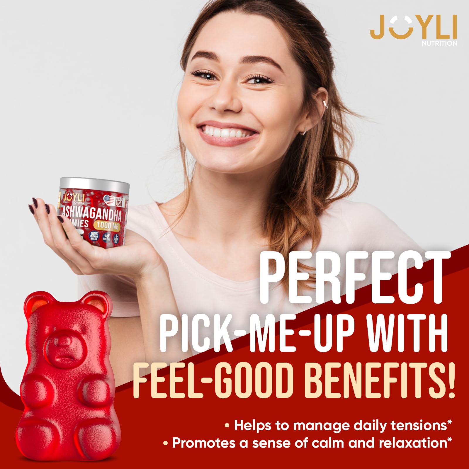 Gomitas ashwagandha JOYLI Nutrition etiqueta detallada promueven tranquilidad para el descanso