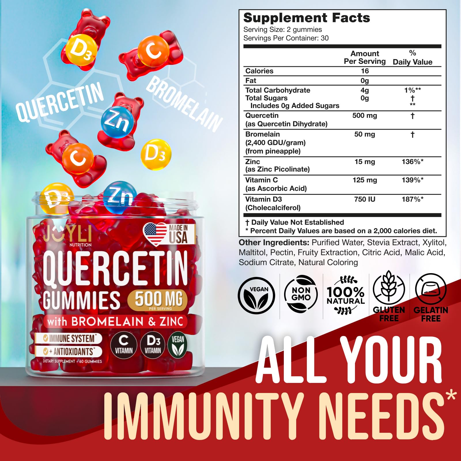 Textura suave de JOYLI Quercetin Gummies para consumo diario.