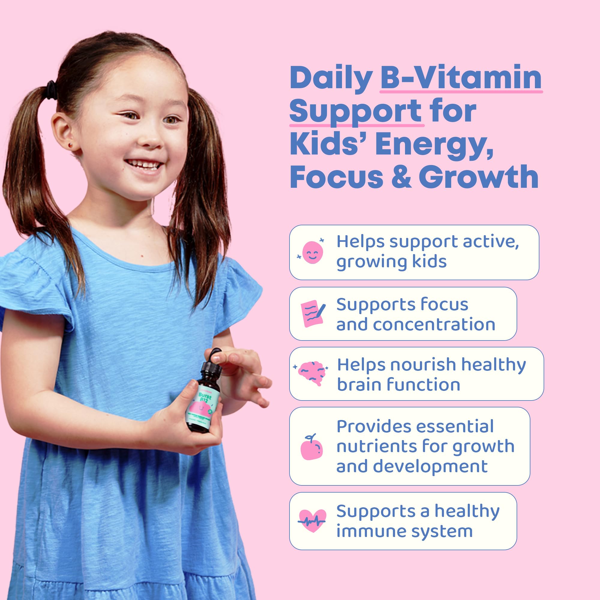 Combinación de B2, B5, B6 y B12 para apoyo nutricional infantil.