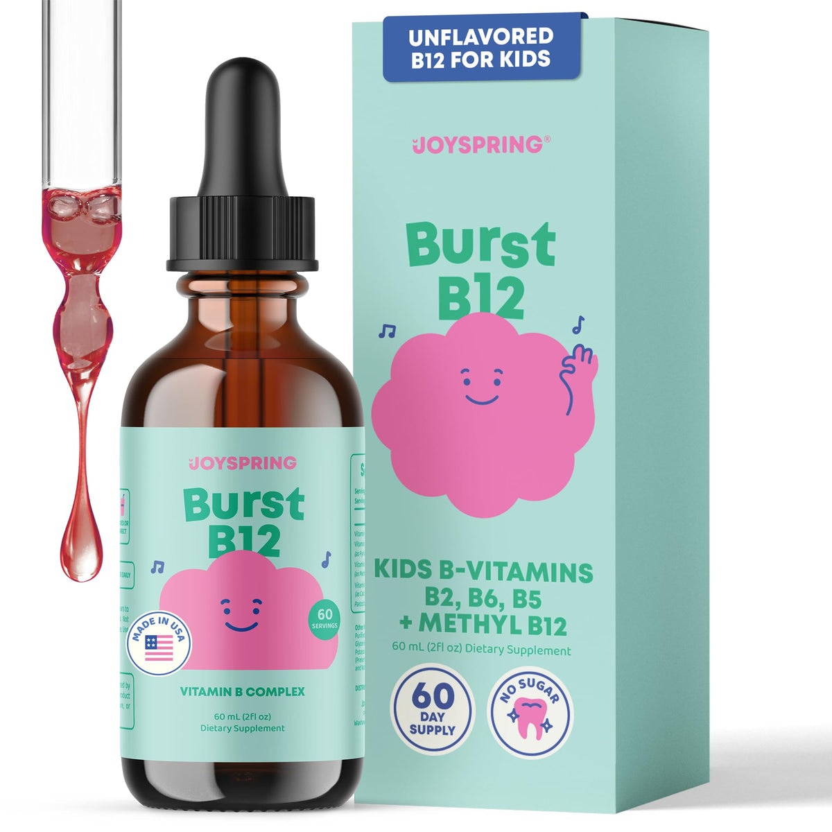 JoySpring Burst B12: gotas para niños, fácil de incorporar en la rutina diaria.