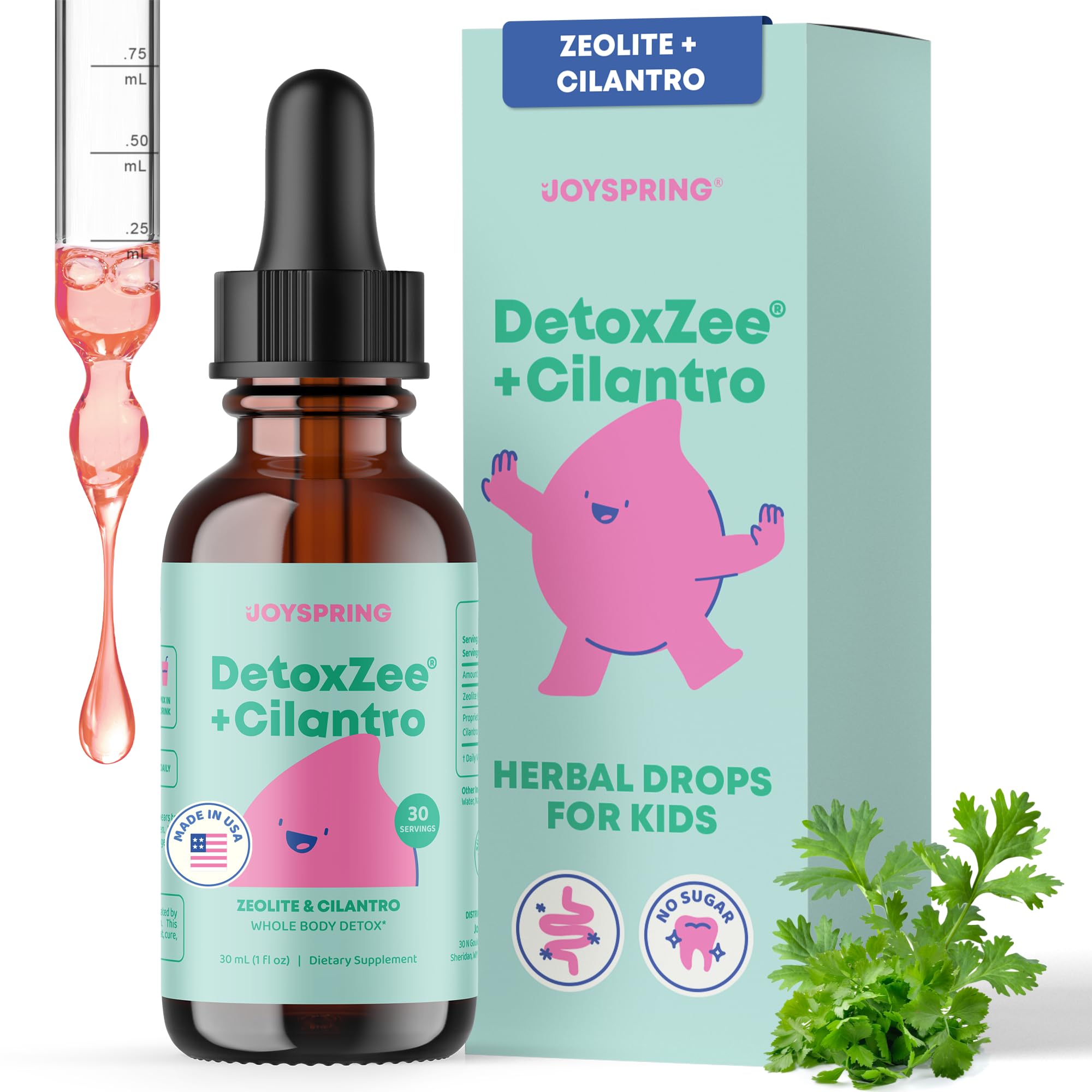 JoySpring DetoxZee gotas de cilantro-zeolita para niños, apoyo diario de bienestar.