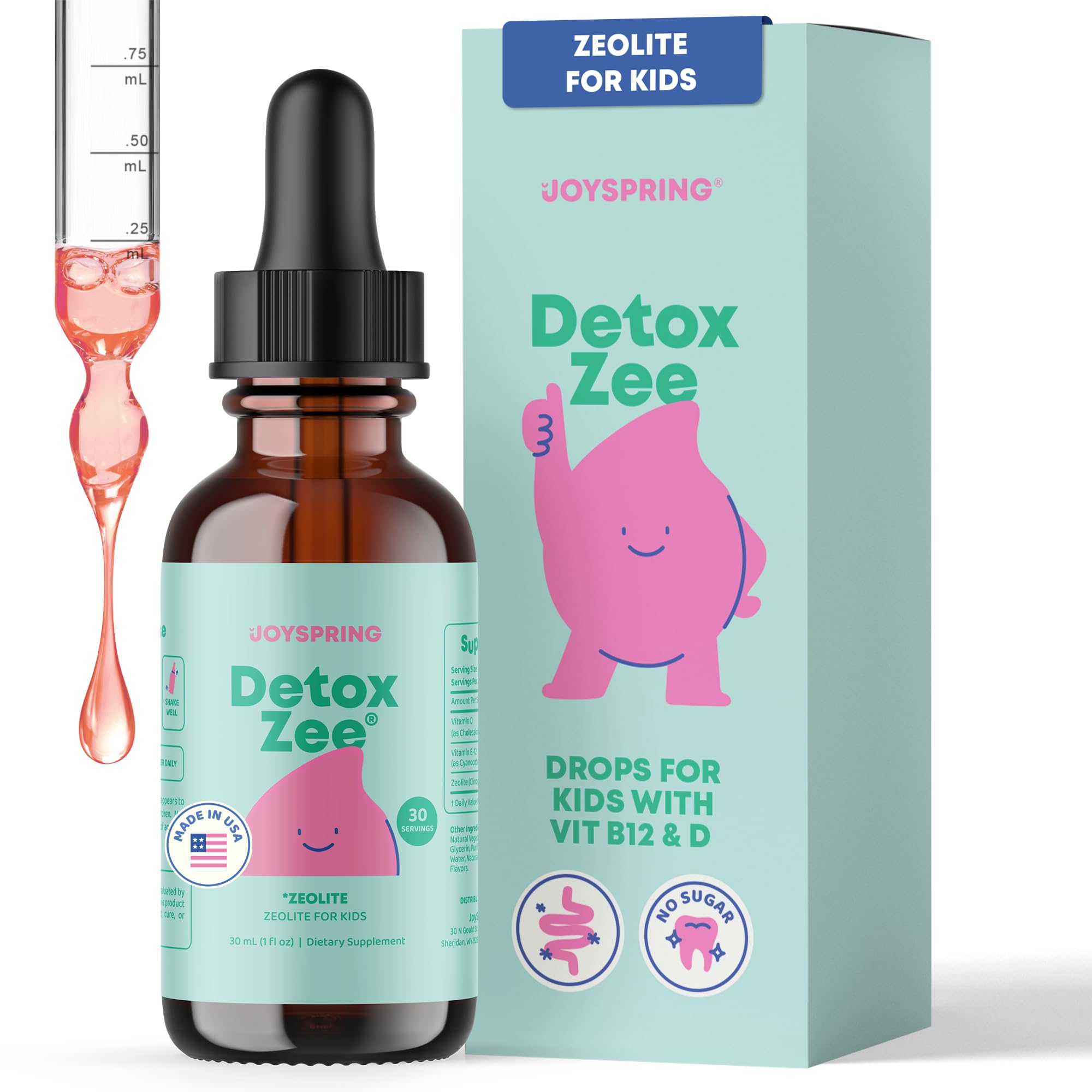 Frasco de JoySpring DetoxZee para niños con gotero para dosis diaria.