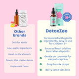 Botella DetoxZee con sabor suave a frambuesa para niños.