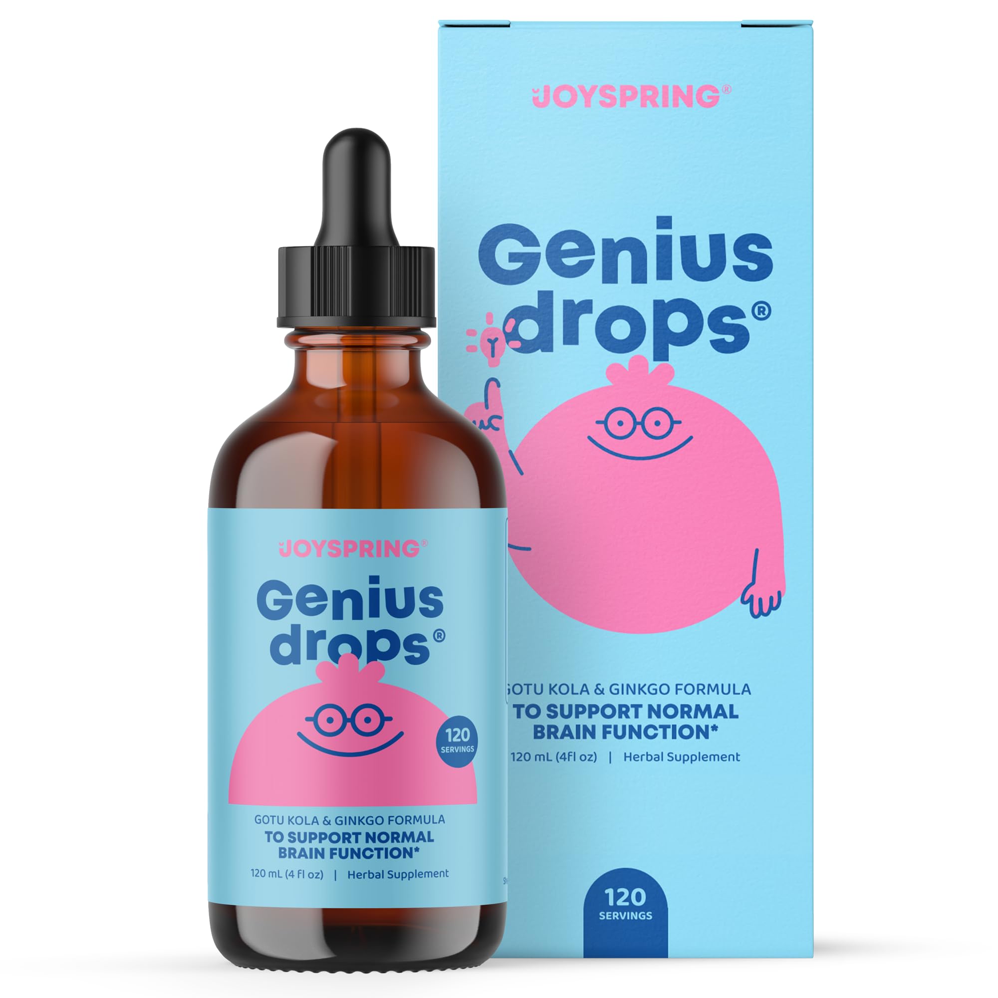 JoySpring Genius Drops: botella visible para uso diario y enfoque.