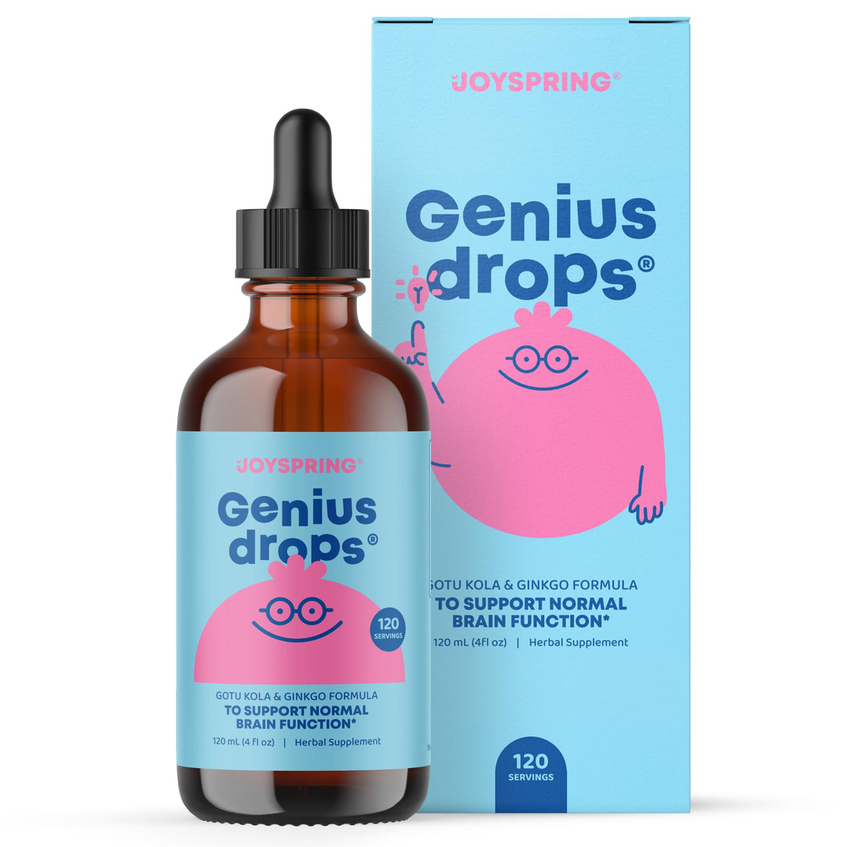 JoySpring Genius Drops: botella visible para uso diario y enfoque.
