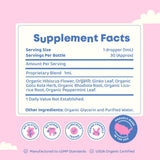 JoySpring Genius Drops: etiqueta frontal destacando ingredientes orgánicos.