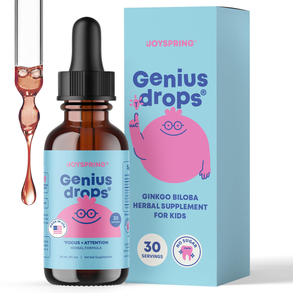 JoySpring Genius Drops para niños: frasco frontal, opción suave.