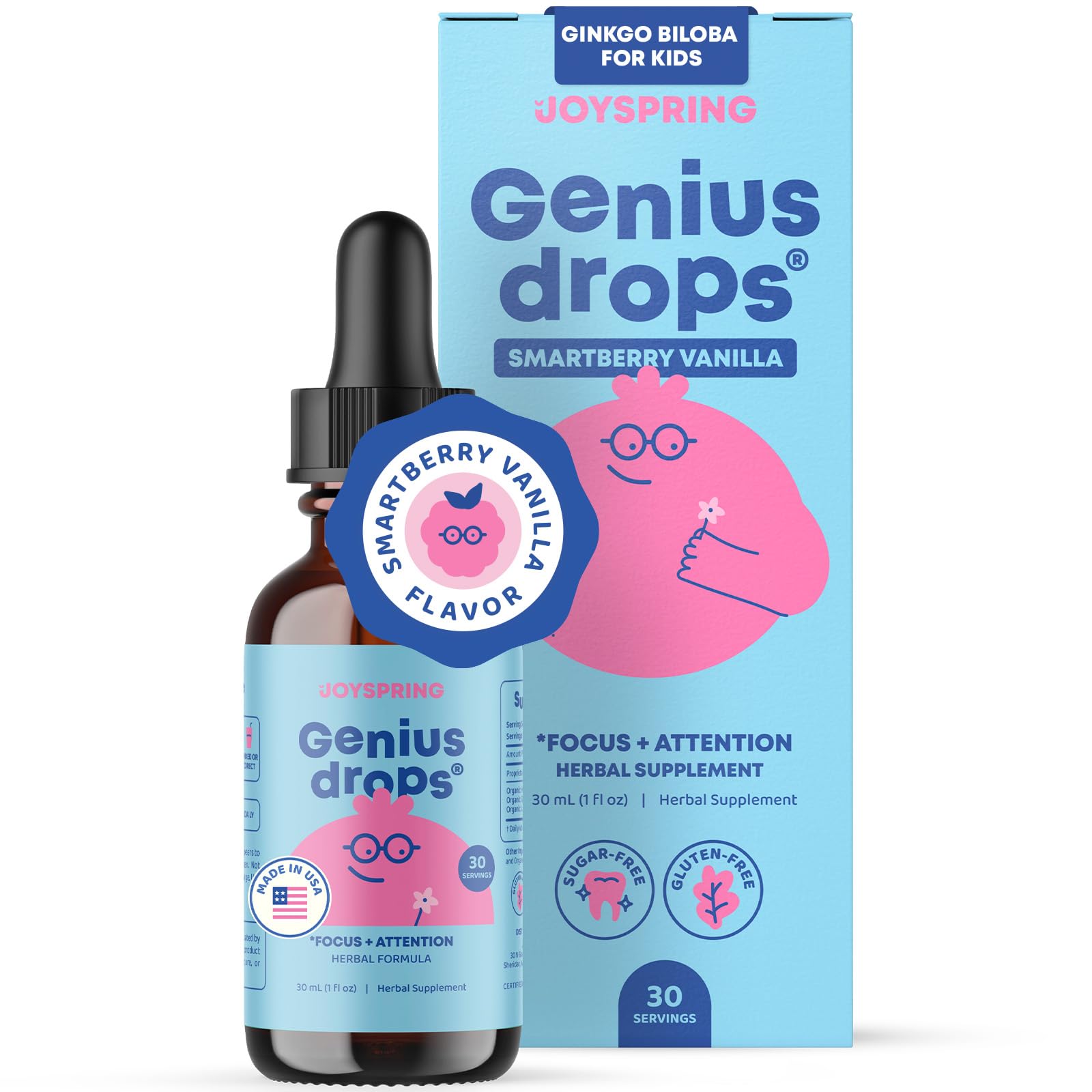 JoySpring Genius Drops Smartberry Vanilla: botella para enfoque diario y fácil dosificación