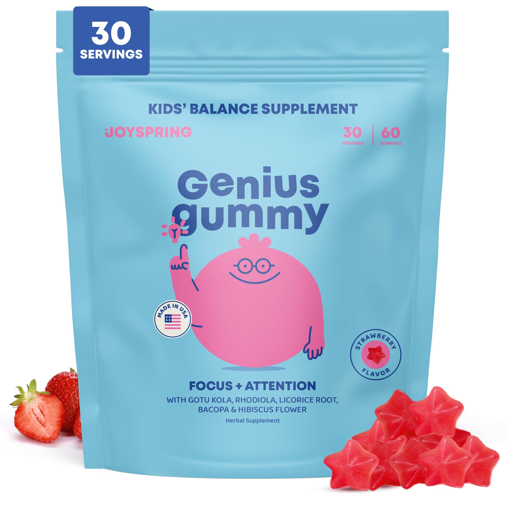 JoySpring Genius Kids gomitas sabor fruta, enfoque potencial para niños.