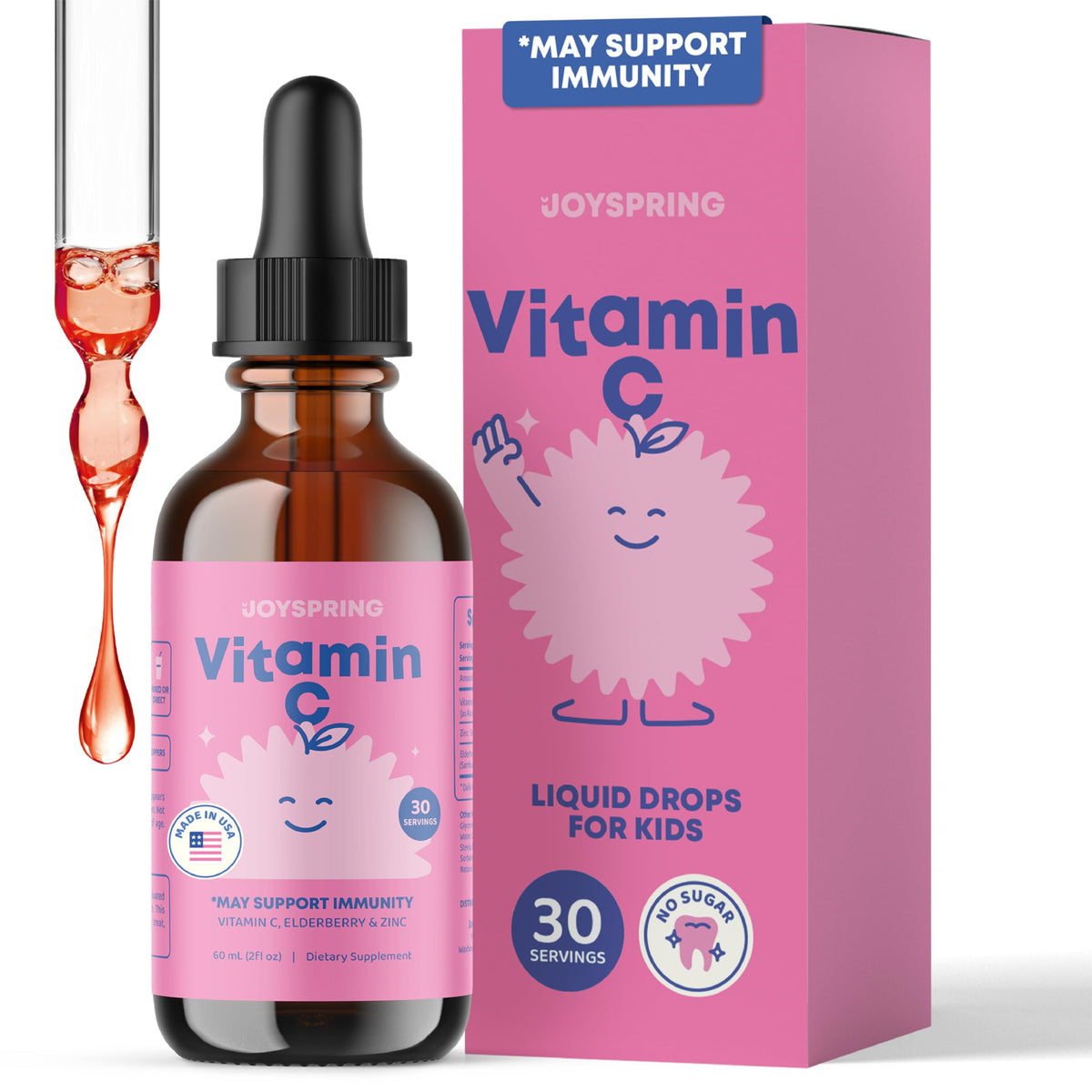 JoySpring gotas vitamina C para niños, botella de dos onzas, apoyo inmunitario diario.