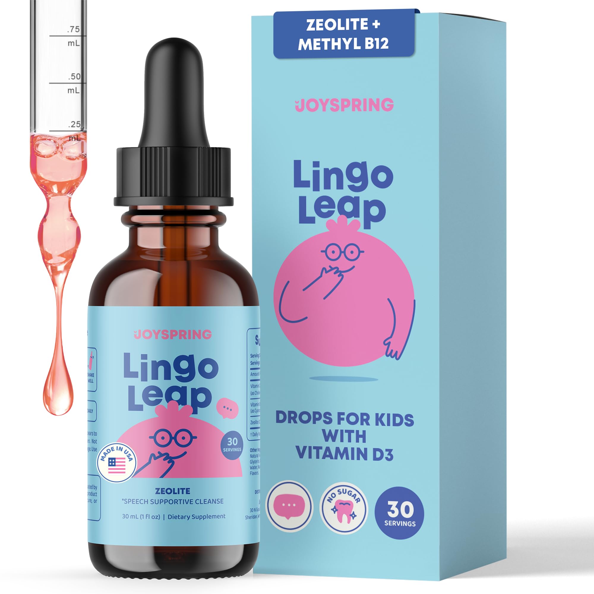 JoySpring LingoLeap, botella con gota, apoyo diario suave para niños.