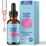 JoySpring LingoLeap, botella con gota, apoyo diario suave para niños.