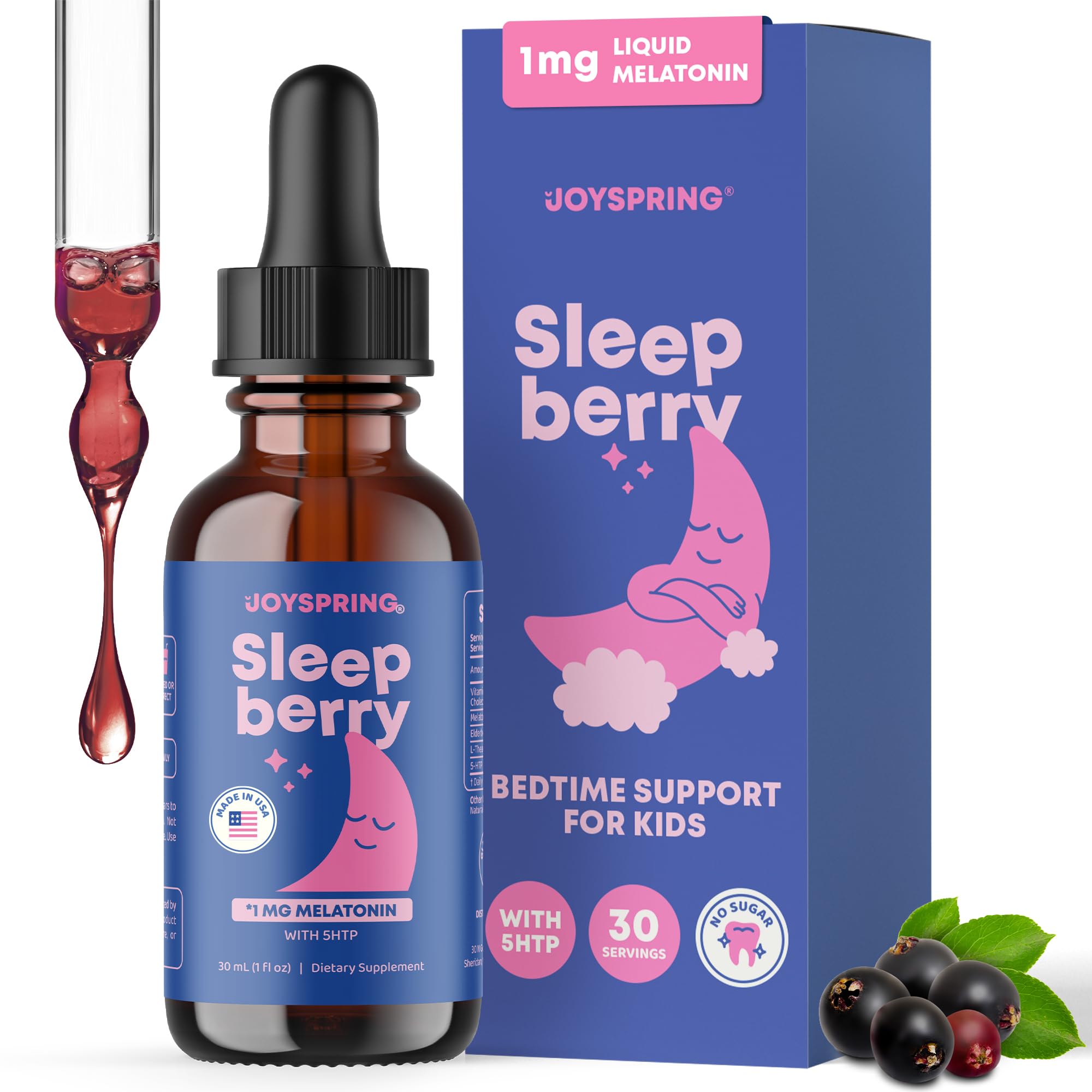 JoySpring Melatonina para niños 1mg en gotas, apoyo suave para dormir