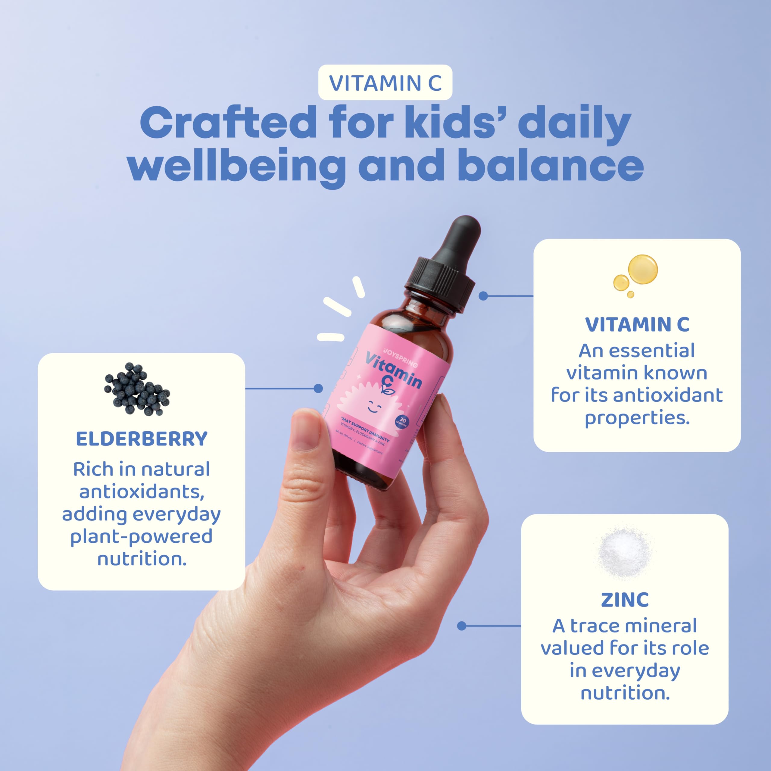 JoySpring sin azúcar, vitamina C y zinc para niños sin azúcares añadidos.