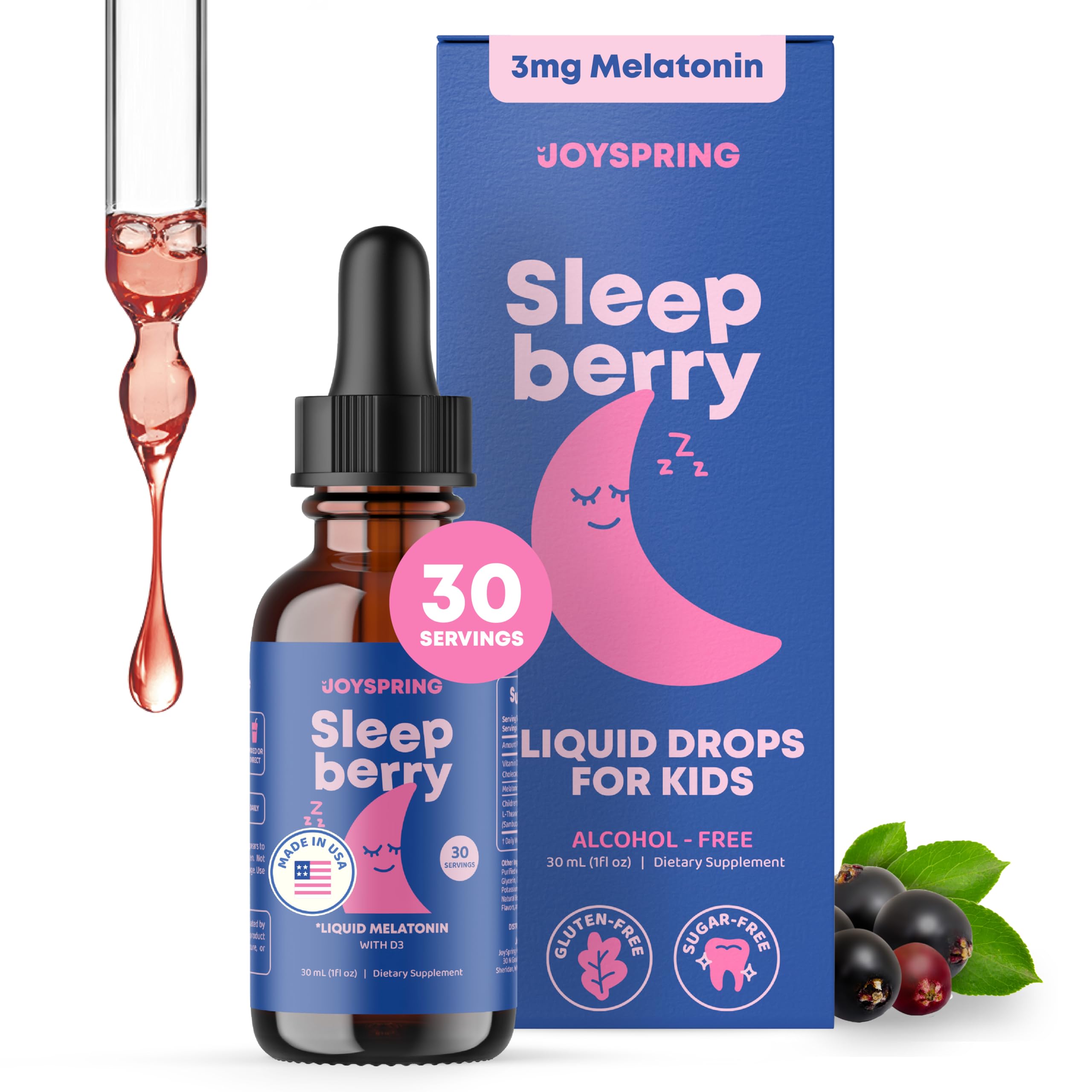 JoySpring SleepBerry, botella de 1 oz, apoyo suave para la rutina de sueño.