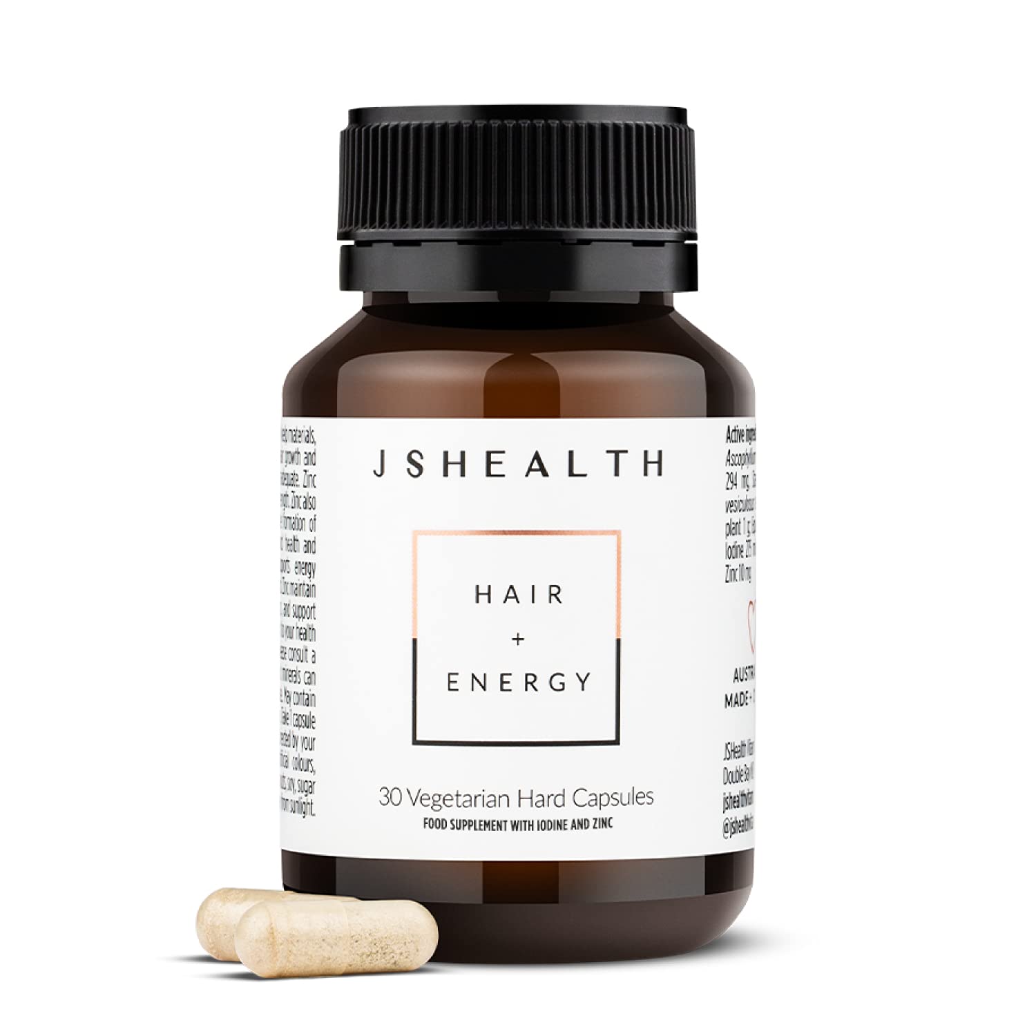 JSHealth Cabello y Energía: botella con cápsulas para apoyo diario de cabello y piel