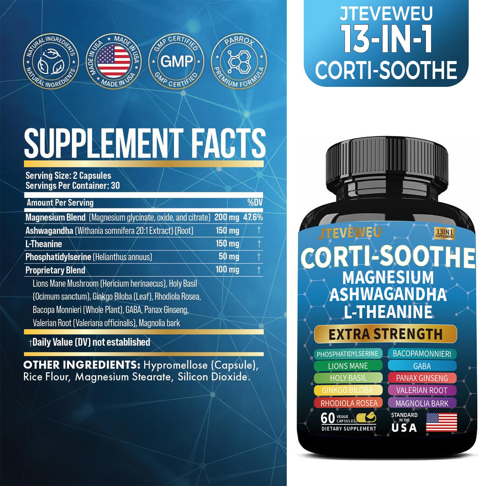 Corti-Soothe, frasco frontal, acceso rápido para calma diaria.