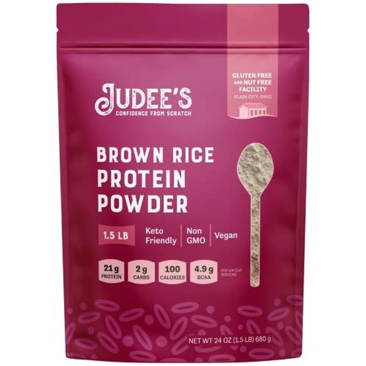 Judee's Proteína de Arroz Moreno, envase reutilizable para batidos diarios.