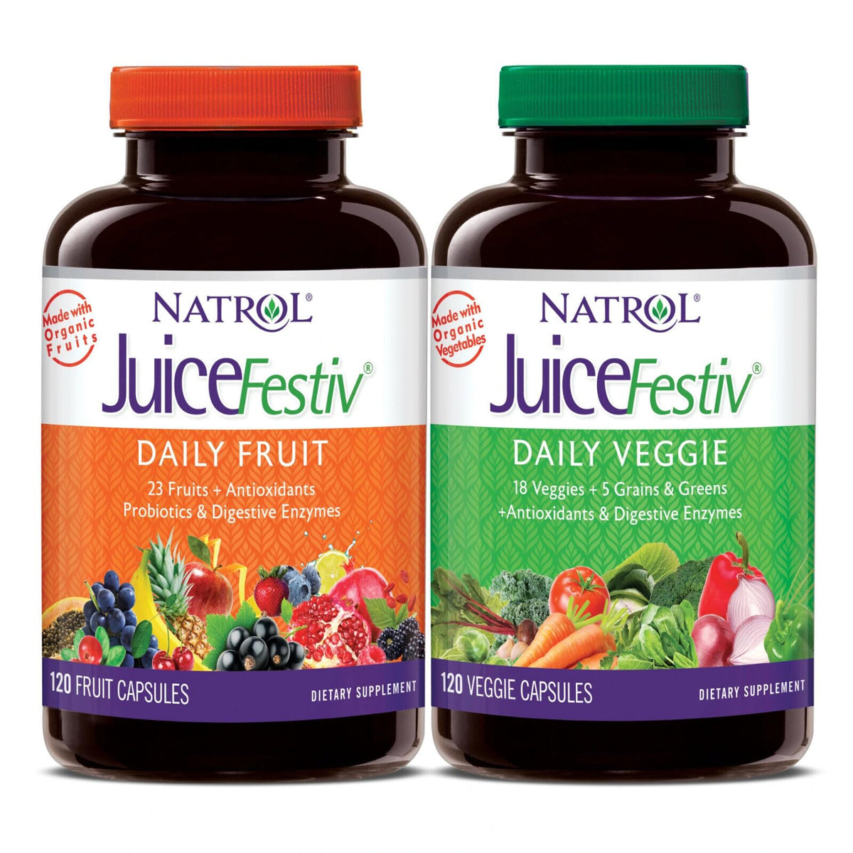 Juice Festiv cápsulas diarias para complementar frutas y verduras, apoyo a la nutrición diaria.