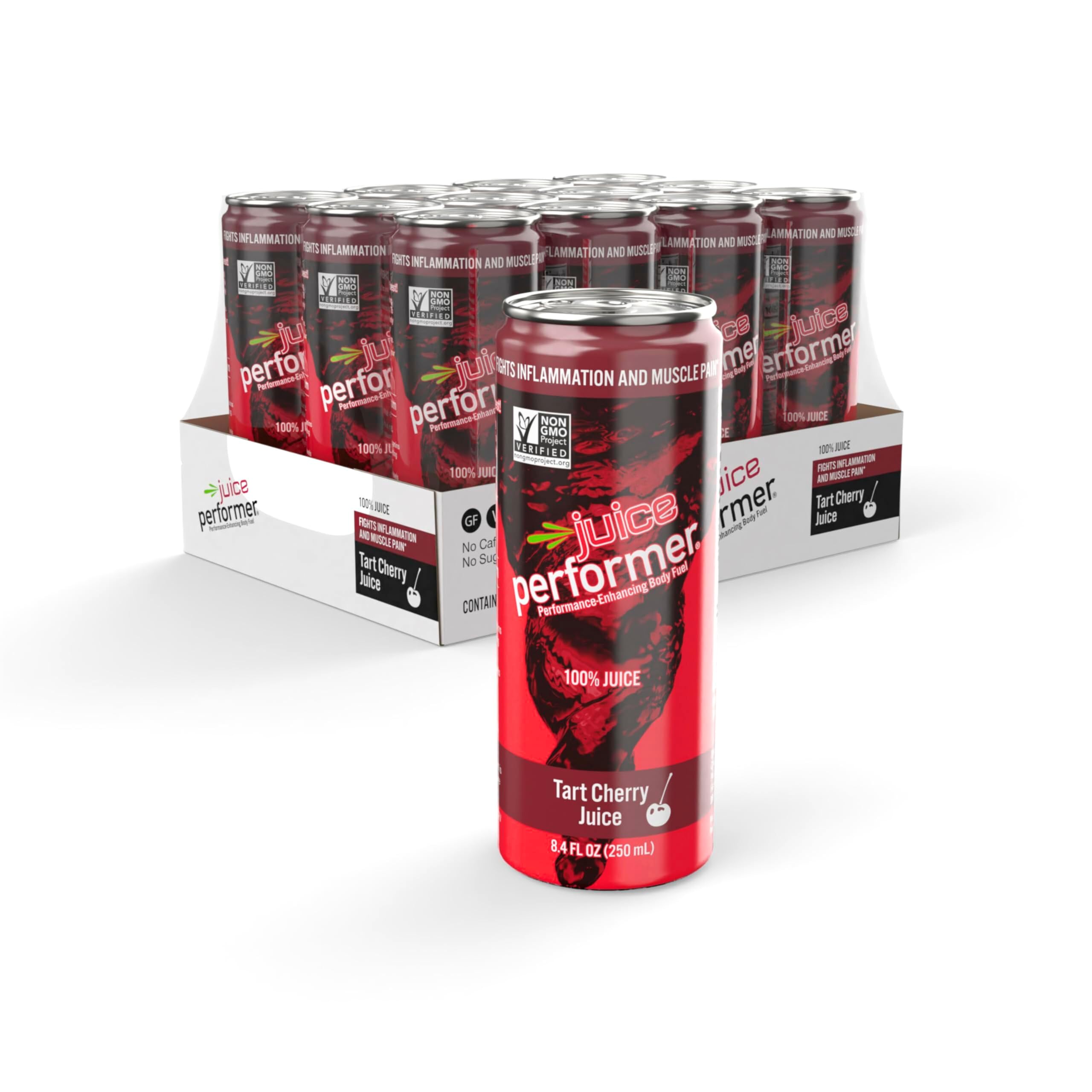 Juice Performer Tart Cherry – botella vertiendo jugo 100% para recuperación pos entrenamiento