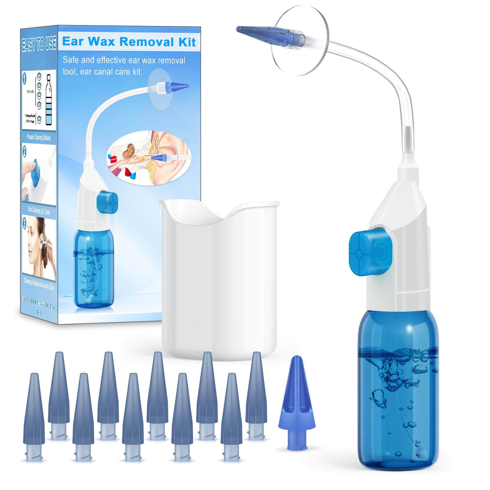 Julaiwy kit eliminacion cerumen con botella, limpieza suave del canal auditivo.