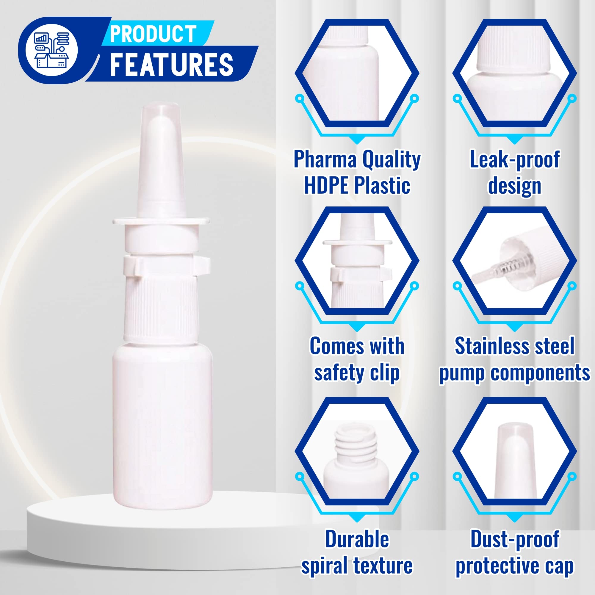 Primer plano del dosificador preciso de la botella nasal JULLY! para dosis consistentes.