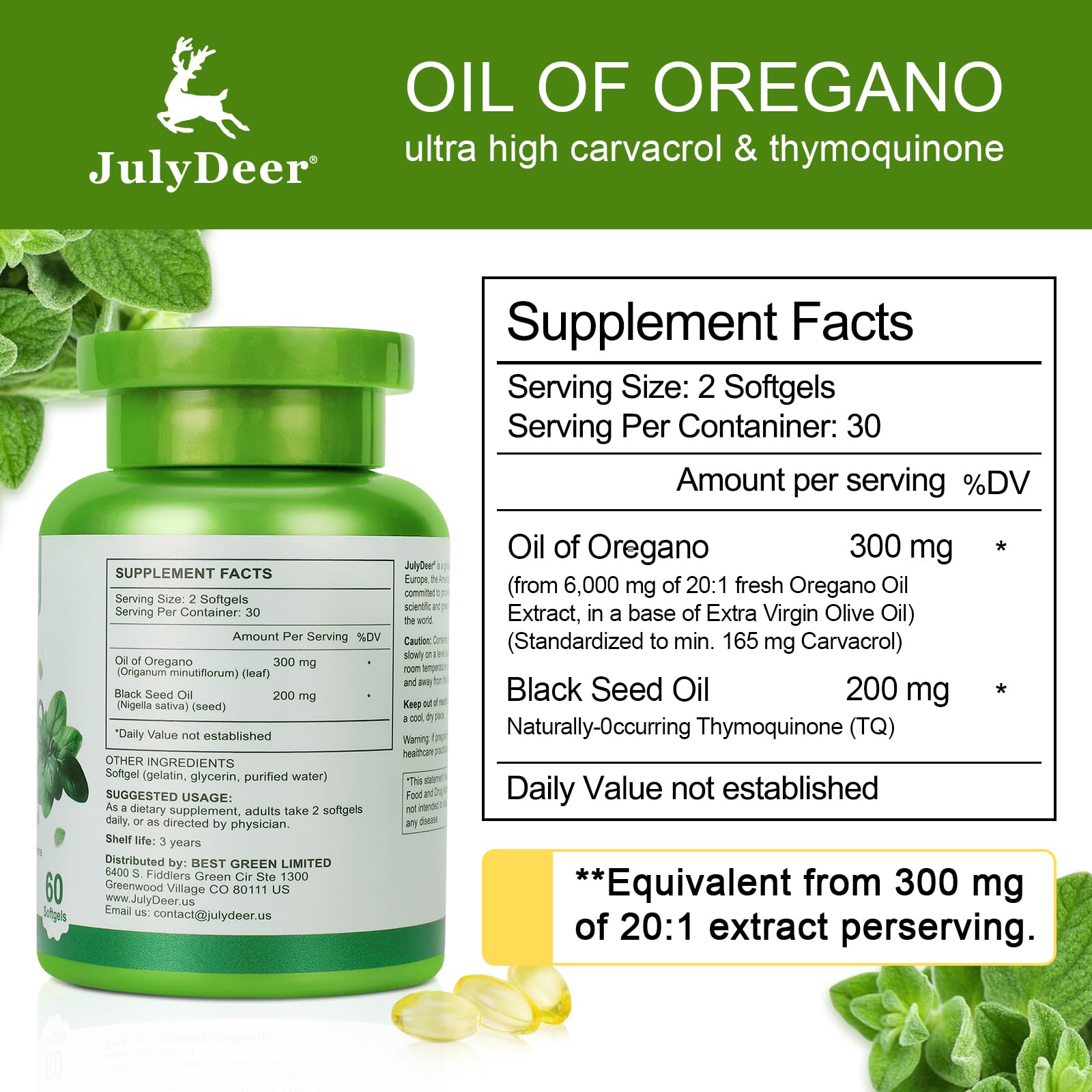 JulyDeer etiqueta de producto visible, fácil de identificar suplementos de oregano.