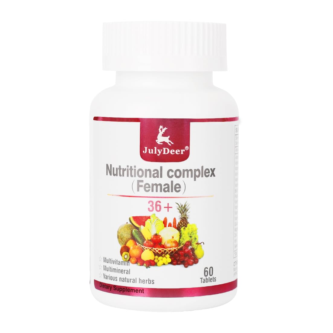JulyDeer multivitamina diaria para mujer, botella visible, apoyo a energía diaria.