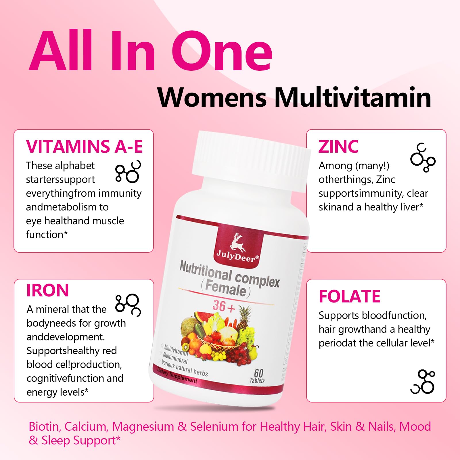 JulyDeer multivitamina diaria, cápsulas visibles para vitalidad diaria.