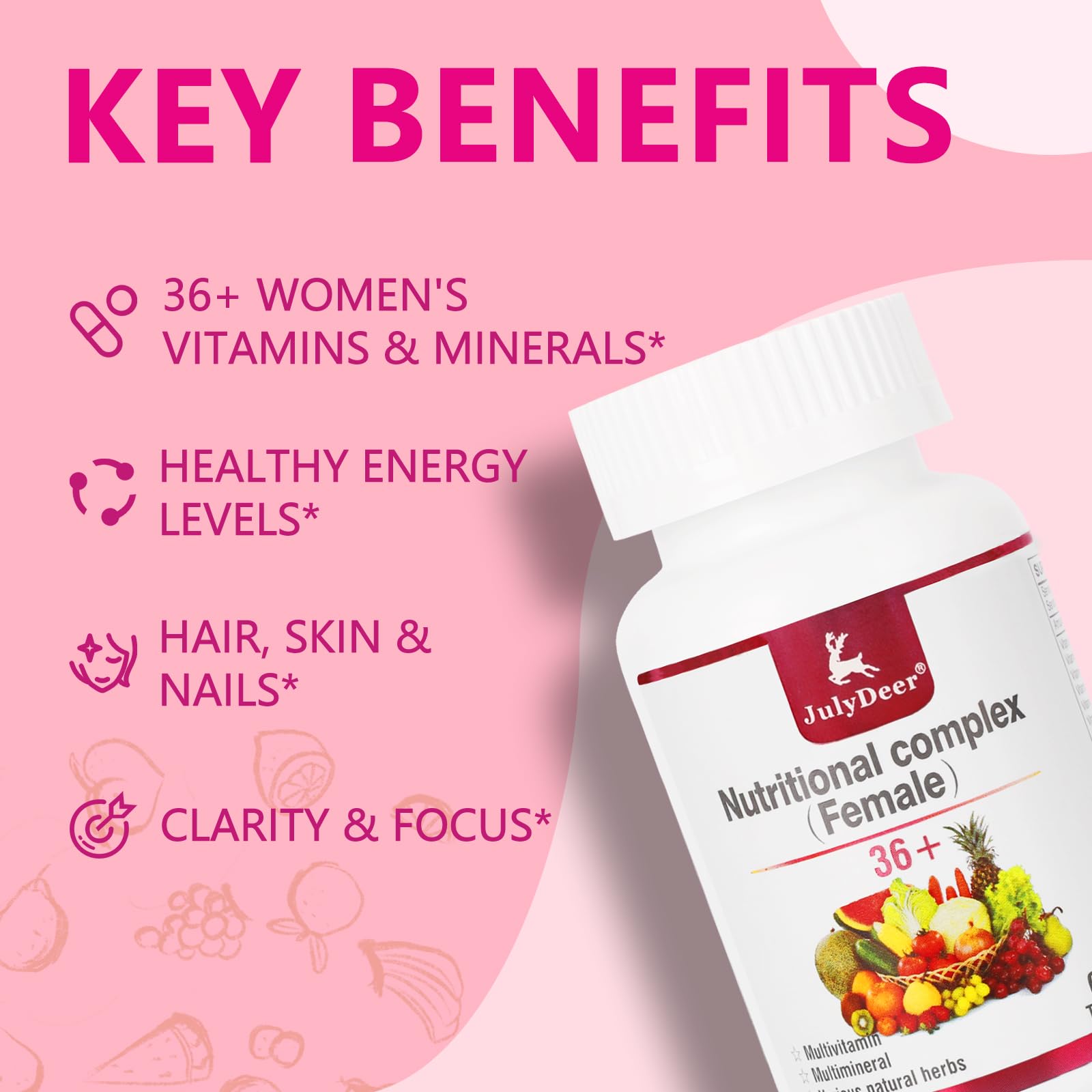 JulyDeer multivitamina diaria para mujer, etiqueta clara y diseño atractivo para confianza.
