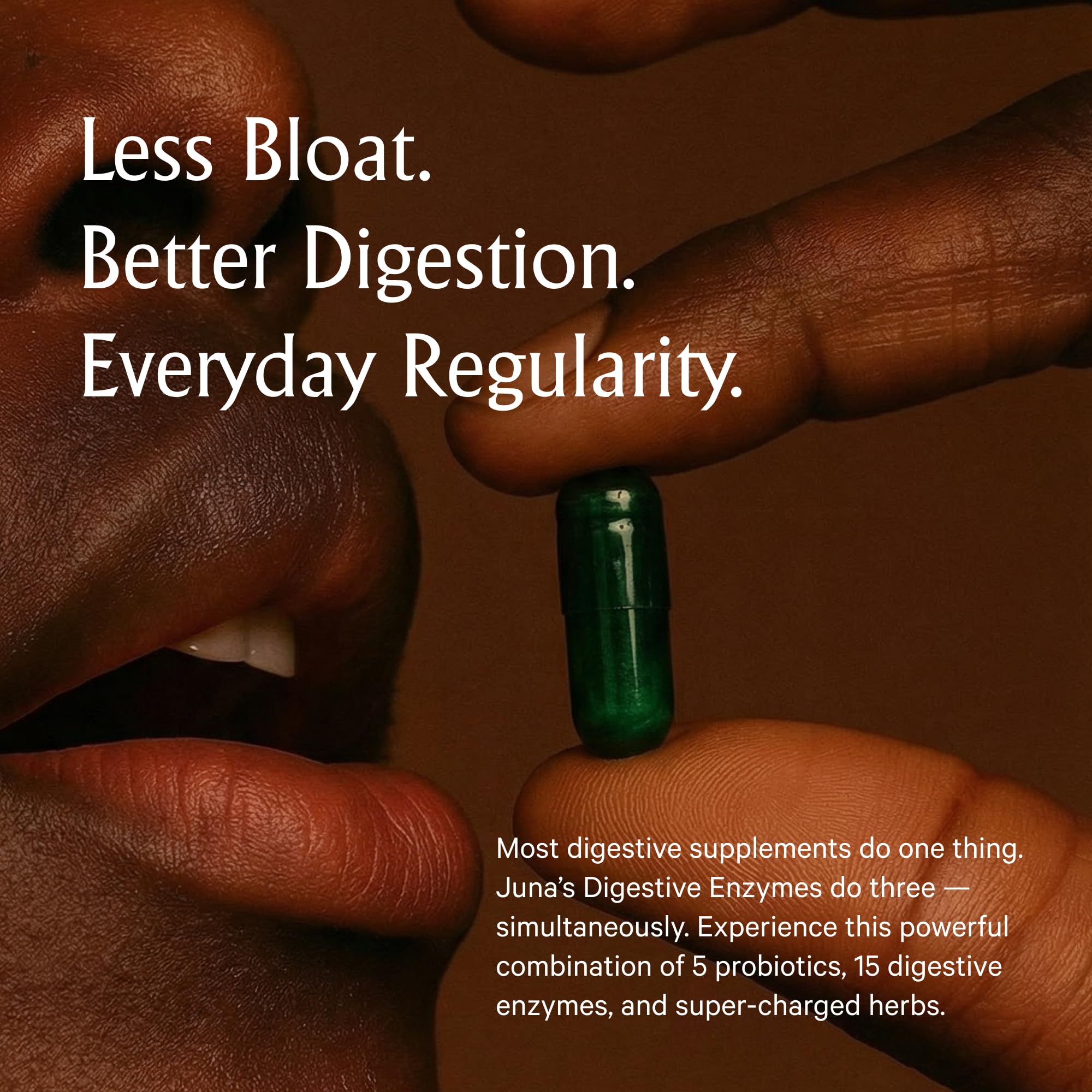 Etiqueta frontal de Juna Digestive Enzymes + Probiotic, describe su fórmula 3-en-1.