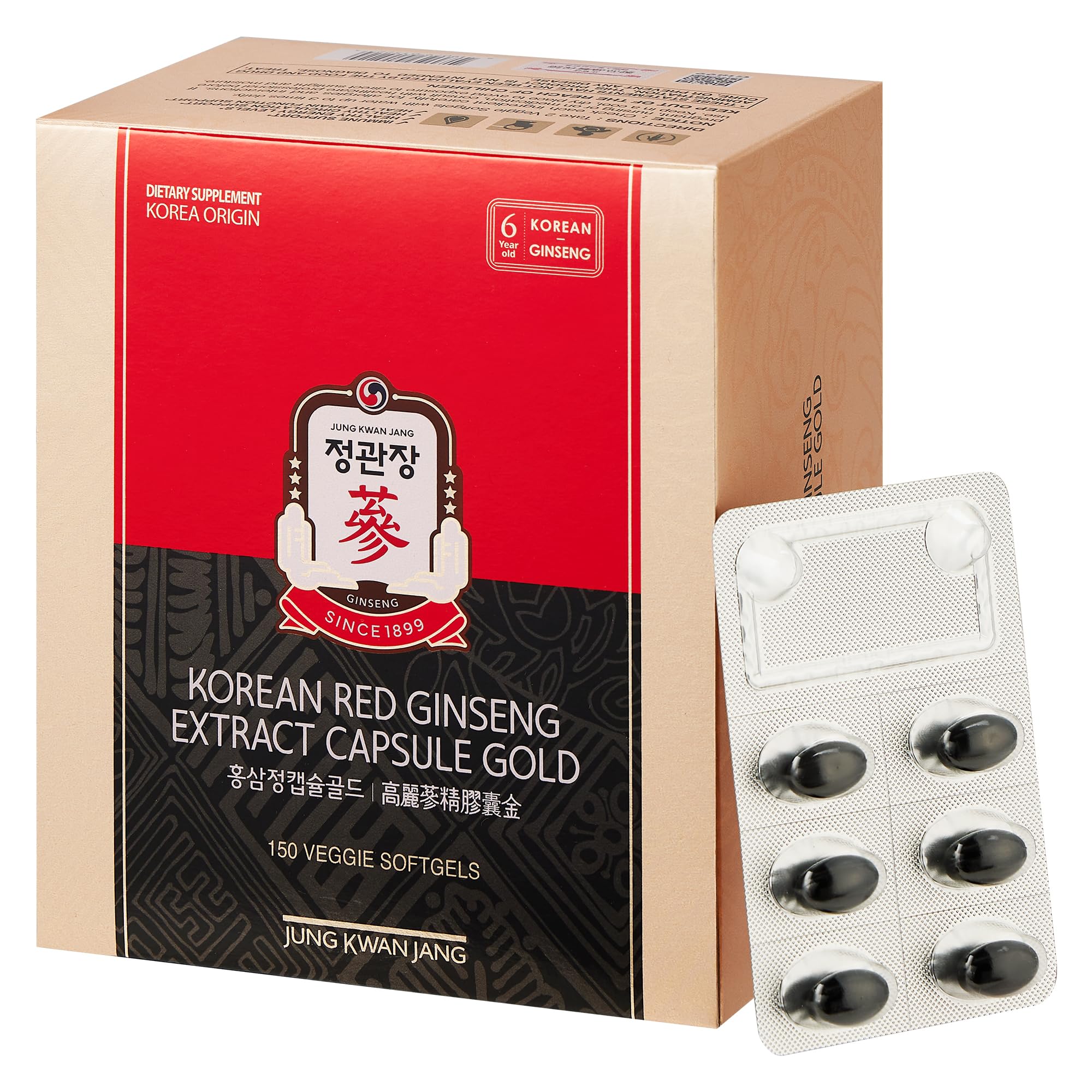 Cápsulas Jung Kwan Jang ginseng rojo coreano en frasco para energía sostenida