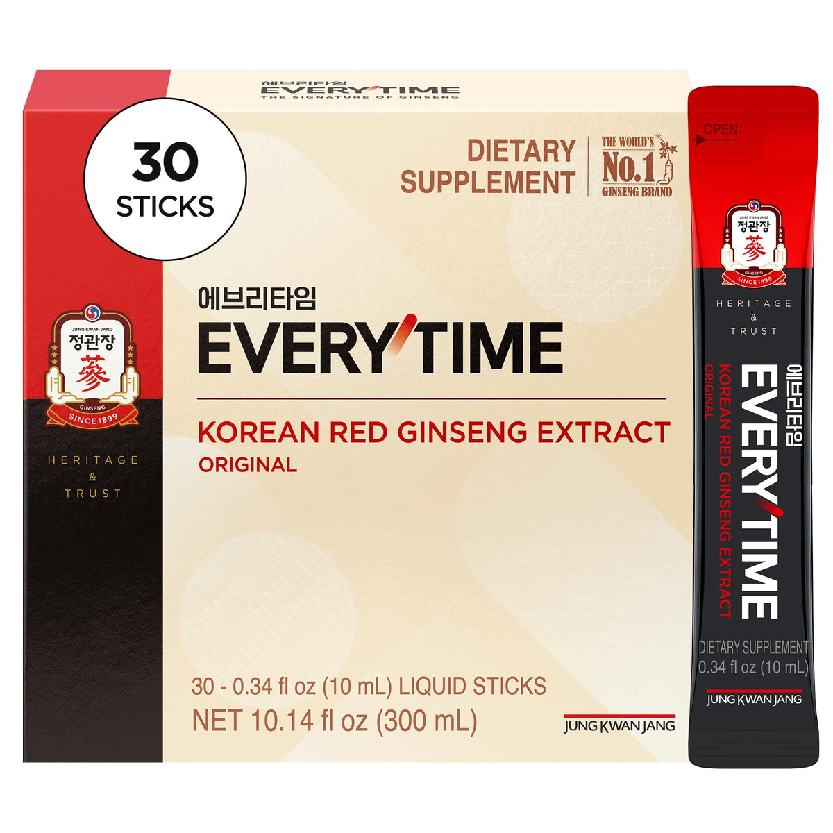 Jung Kwan Jang Everytime box front showing 30 sticks for convenient energy