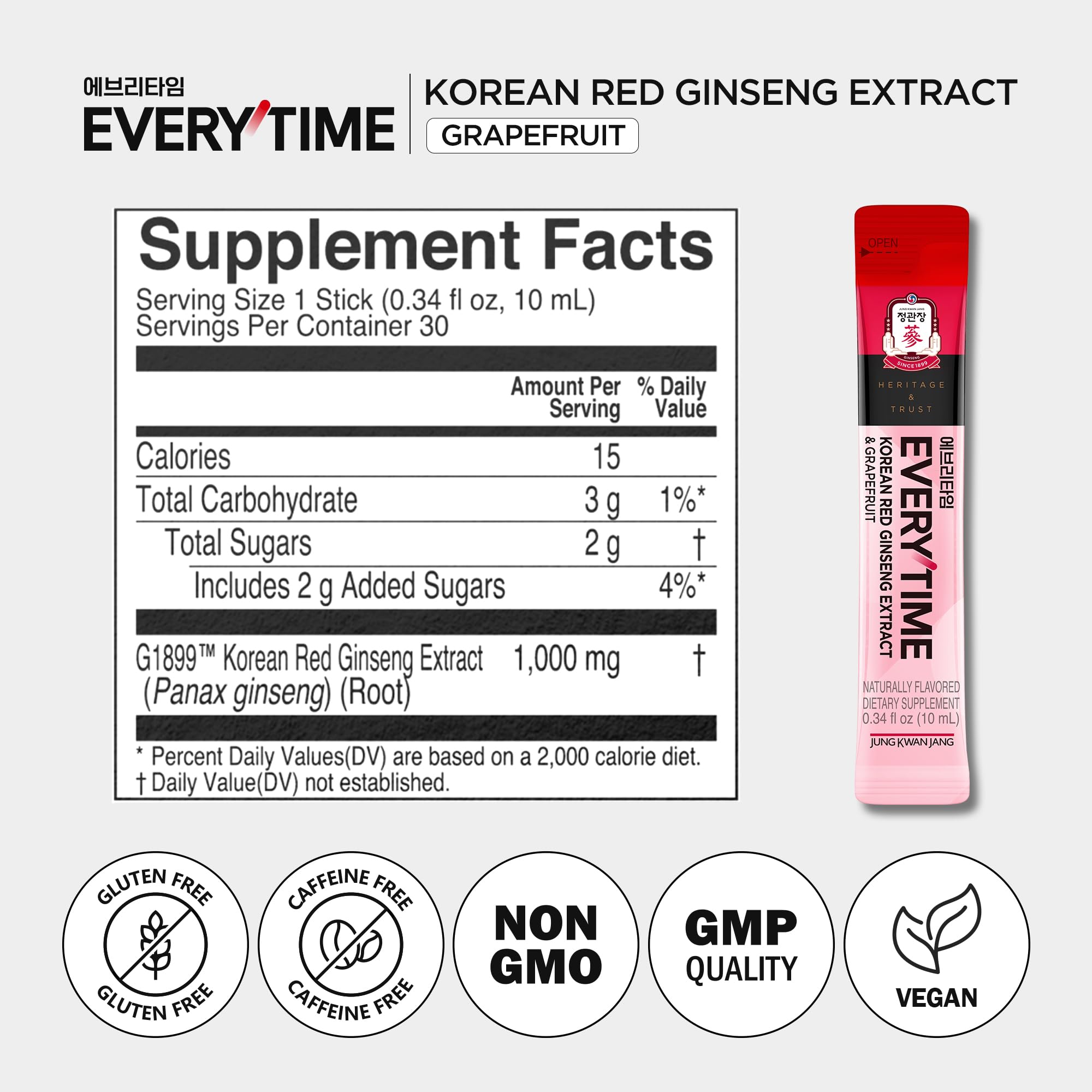 JUNG KWAN JANG Everytime ginseng rojo 1000 mg sabor toronja suave, consumo agradable.