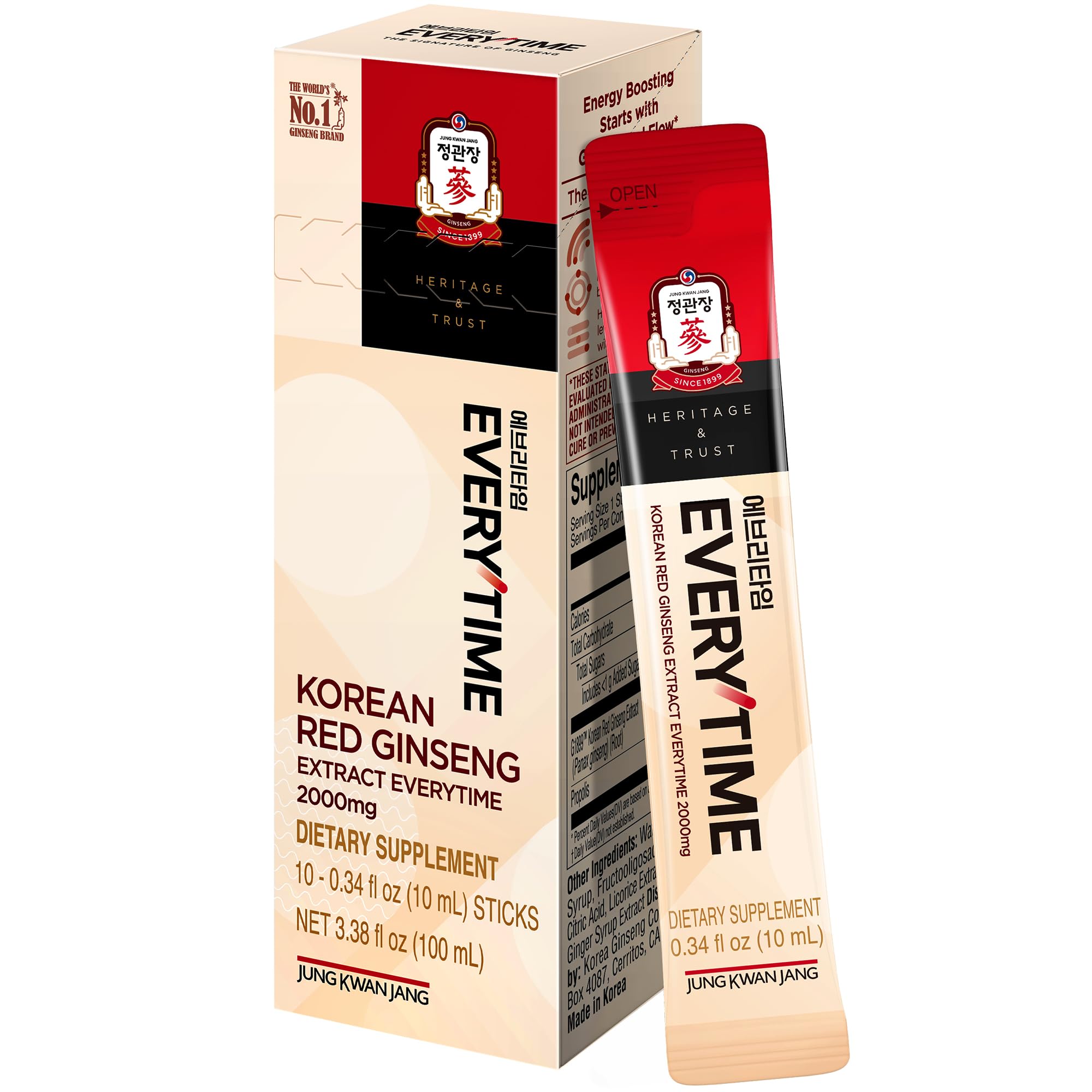 Jung Kwan Jang Everytime ginseng rojo coreano barra envase para energía diaria.