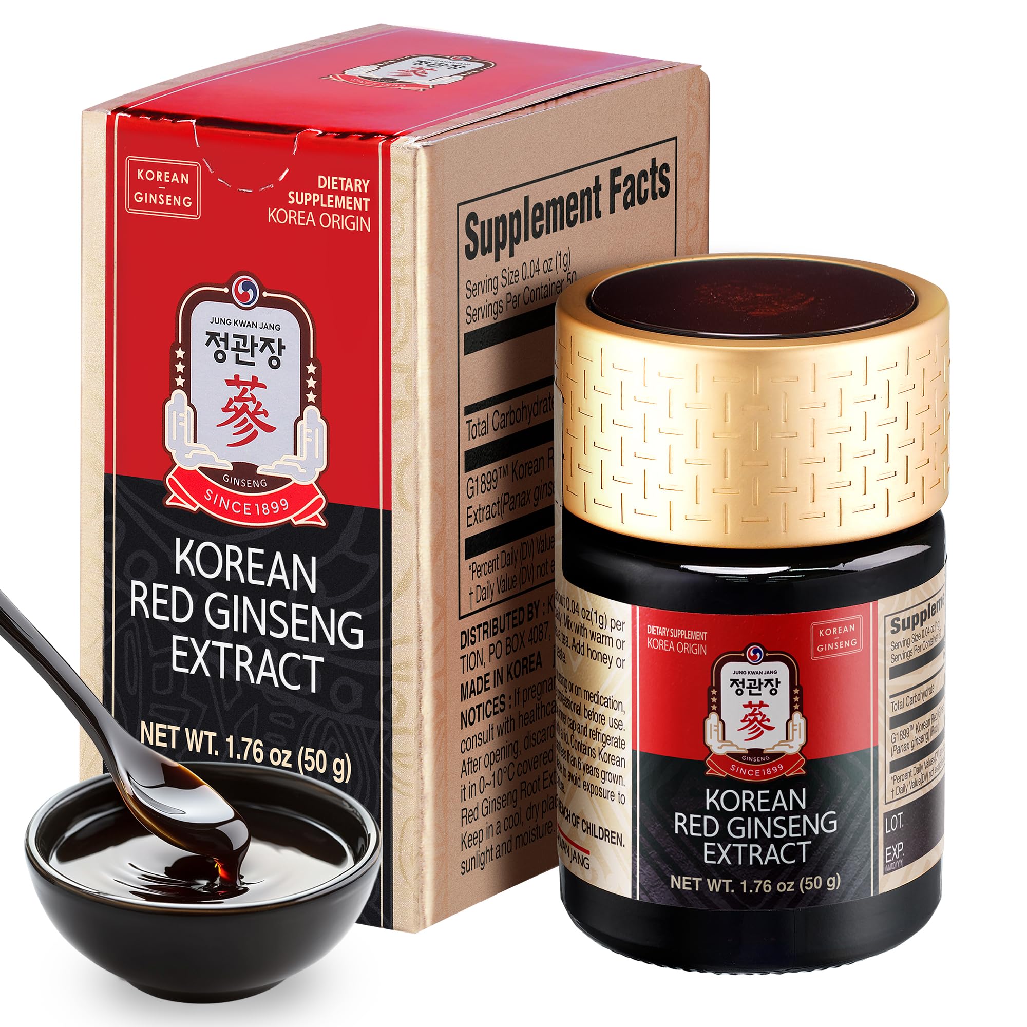 Jung Kwan Jang Ginseng Rojo Coreano, botella vertiendo, para una ingesta diaria suave y energizante.